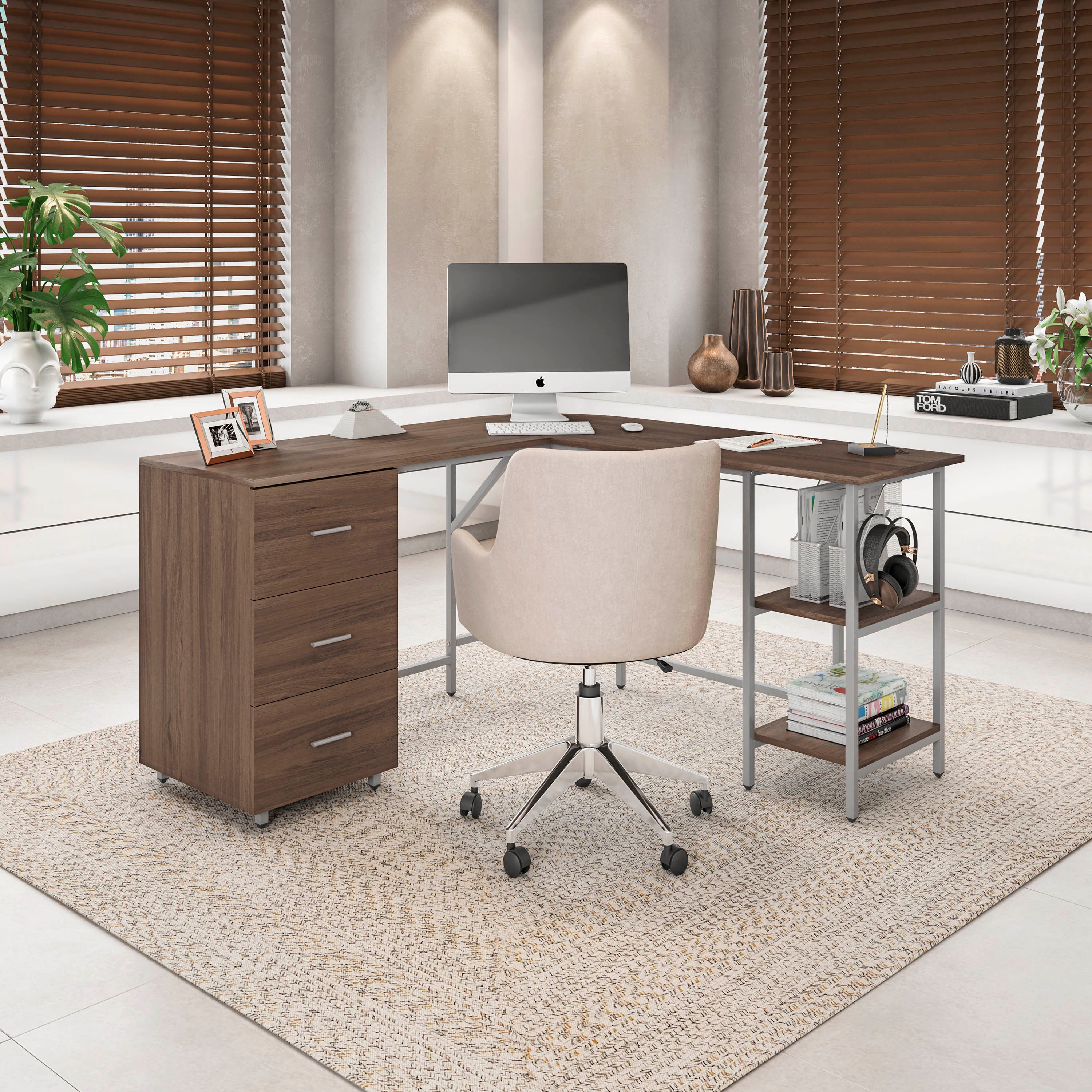 L-Shape Two-Tone Desk w/ Storage, Walnut