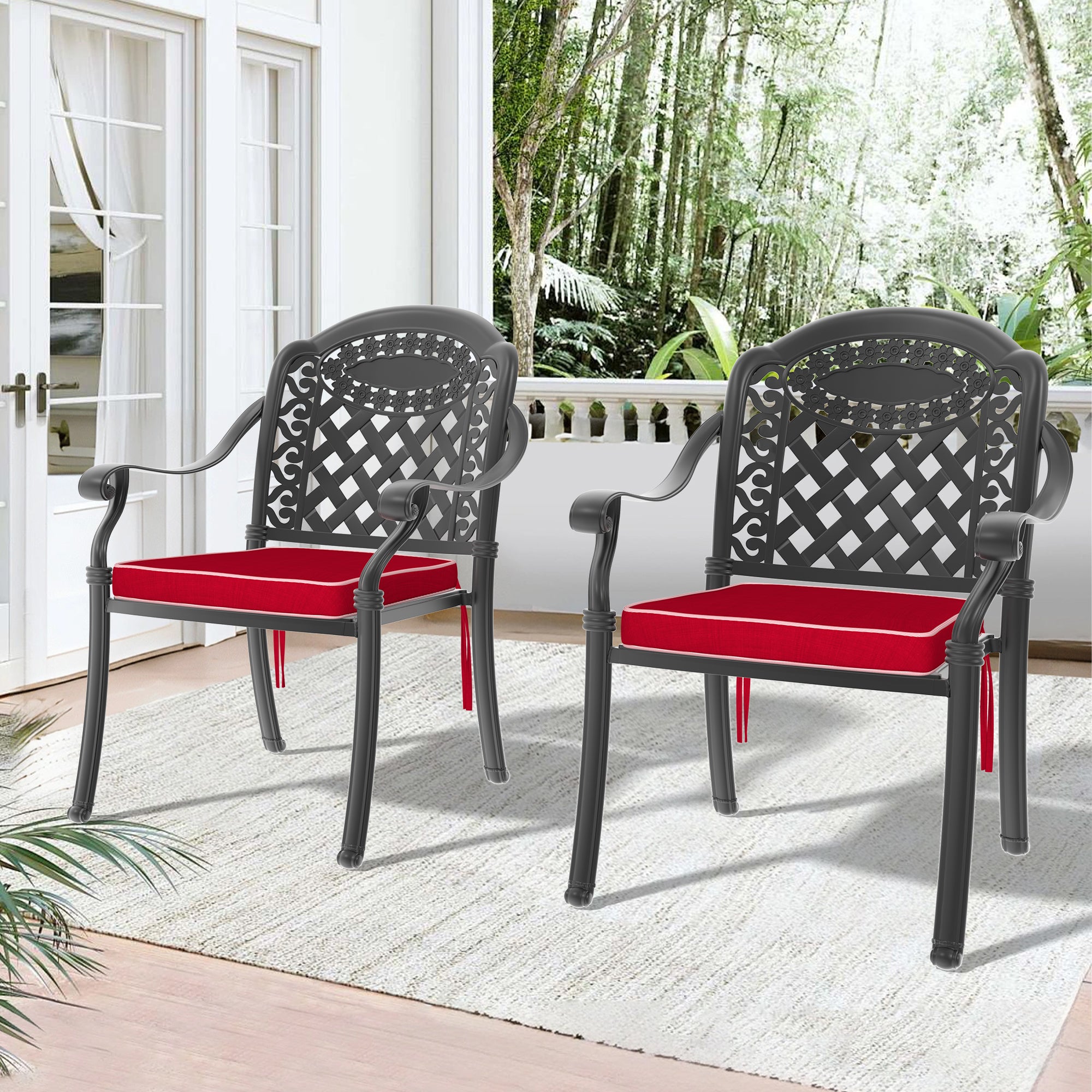 Cast Aluminum Patio Dining Chairs 2PC Set β Black/Red