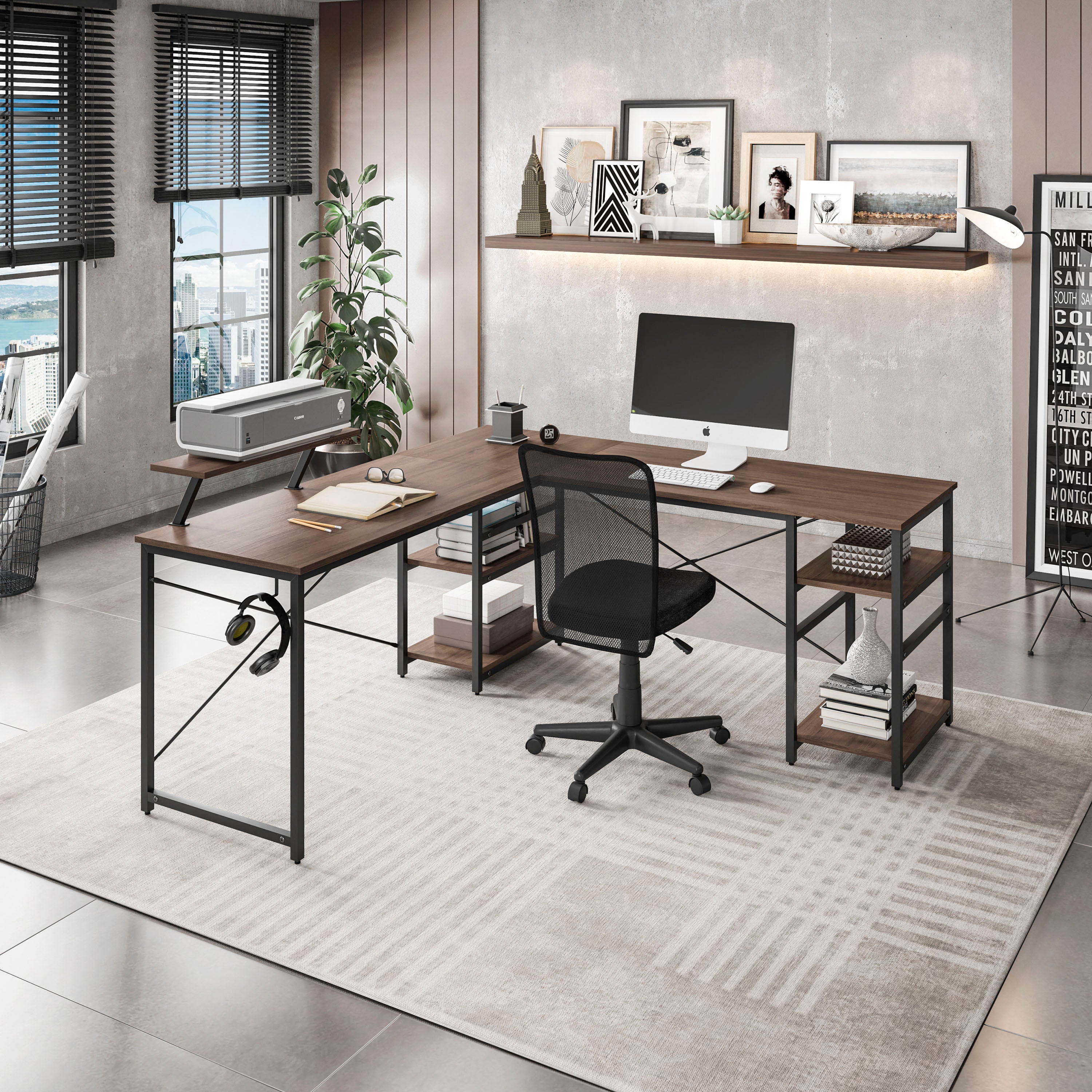 L-Shaped Industrial Desk w/ Shelves, Walnut (Under 70 characters)