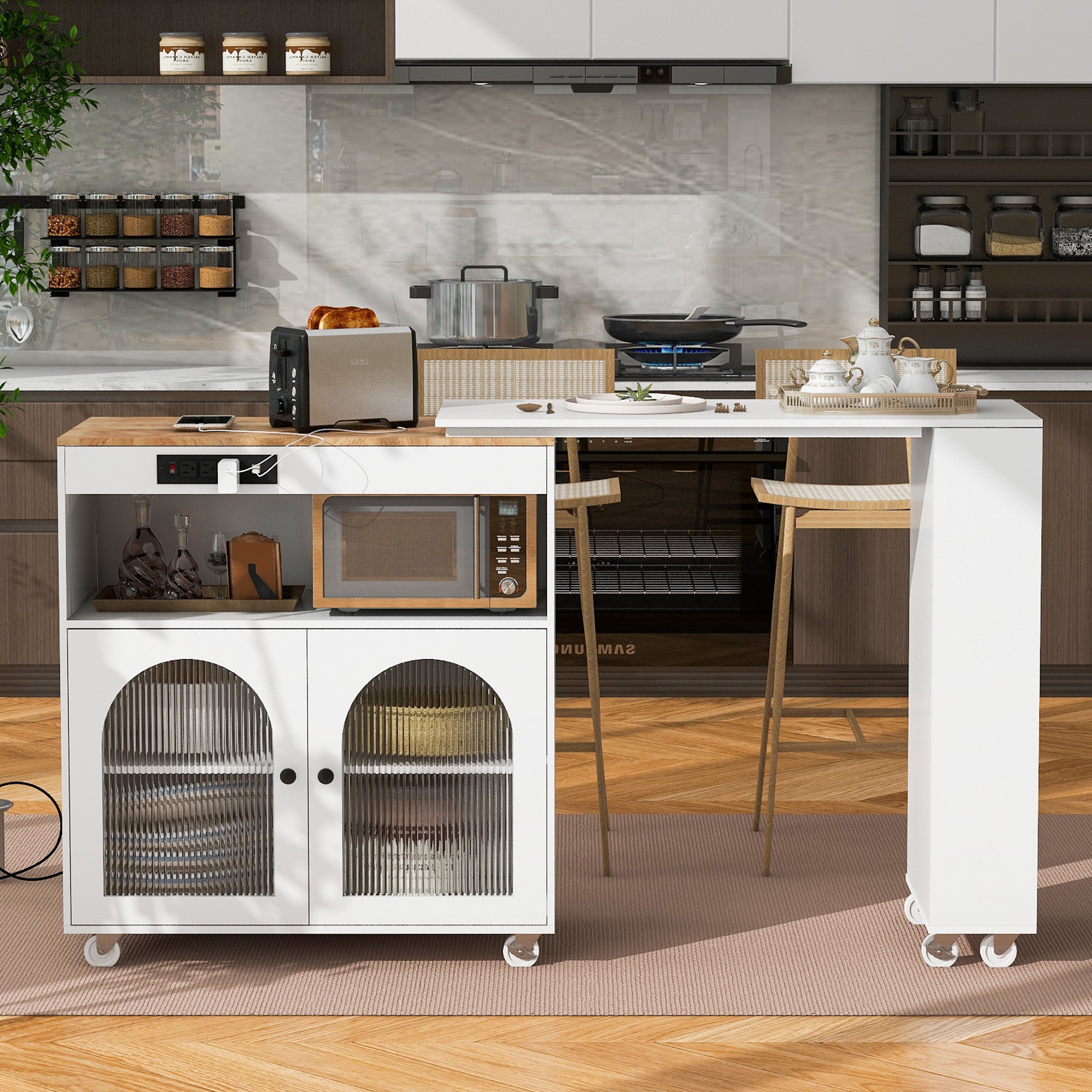 Rolling Kitchen Island w/ Extended Table & LED Lights (White)