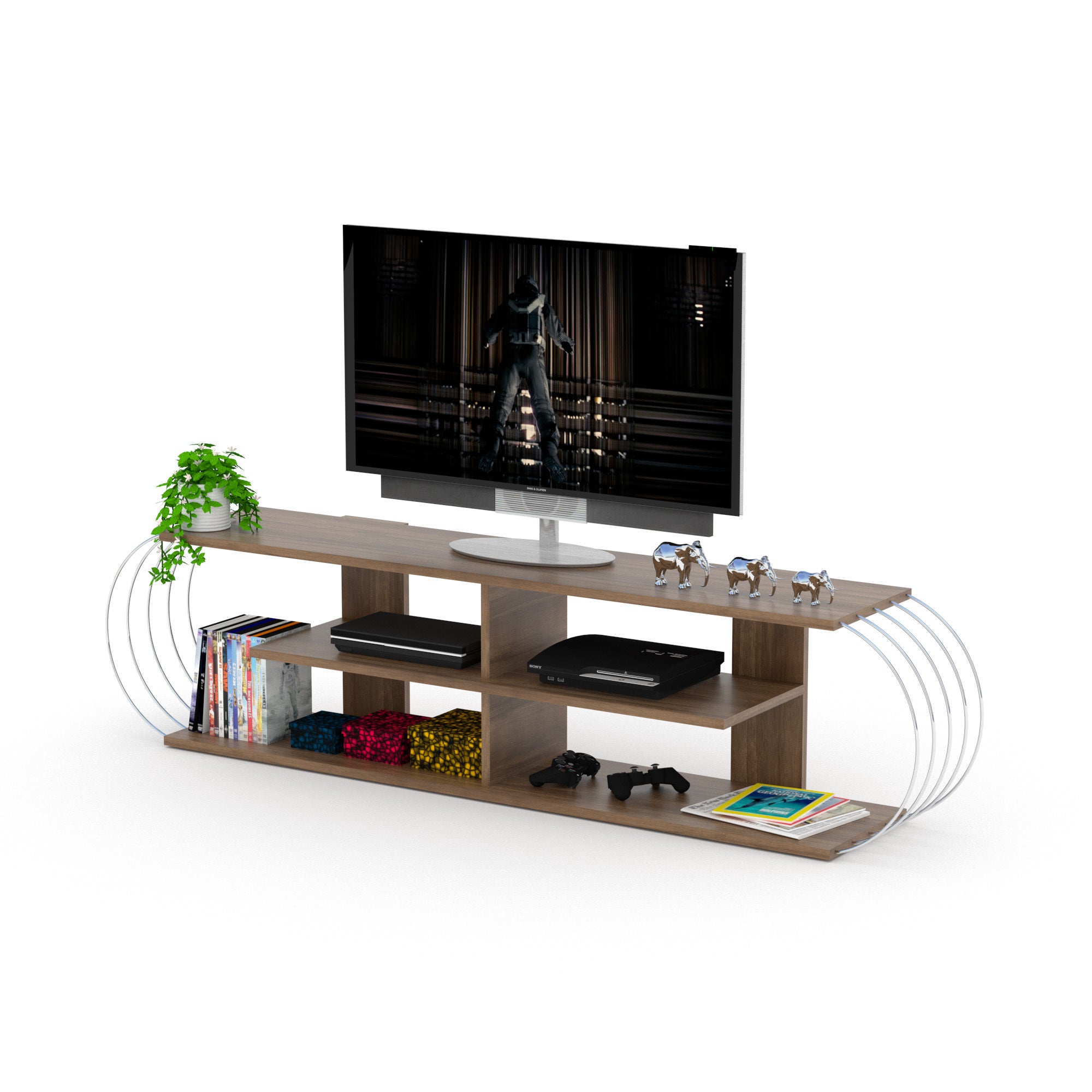 Mid Century Modern TV Stand, 68 Inch, Walnut/Chrome