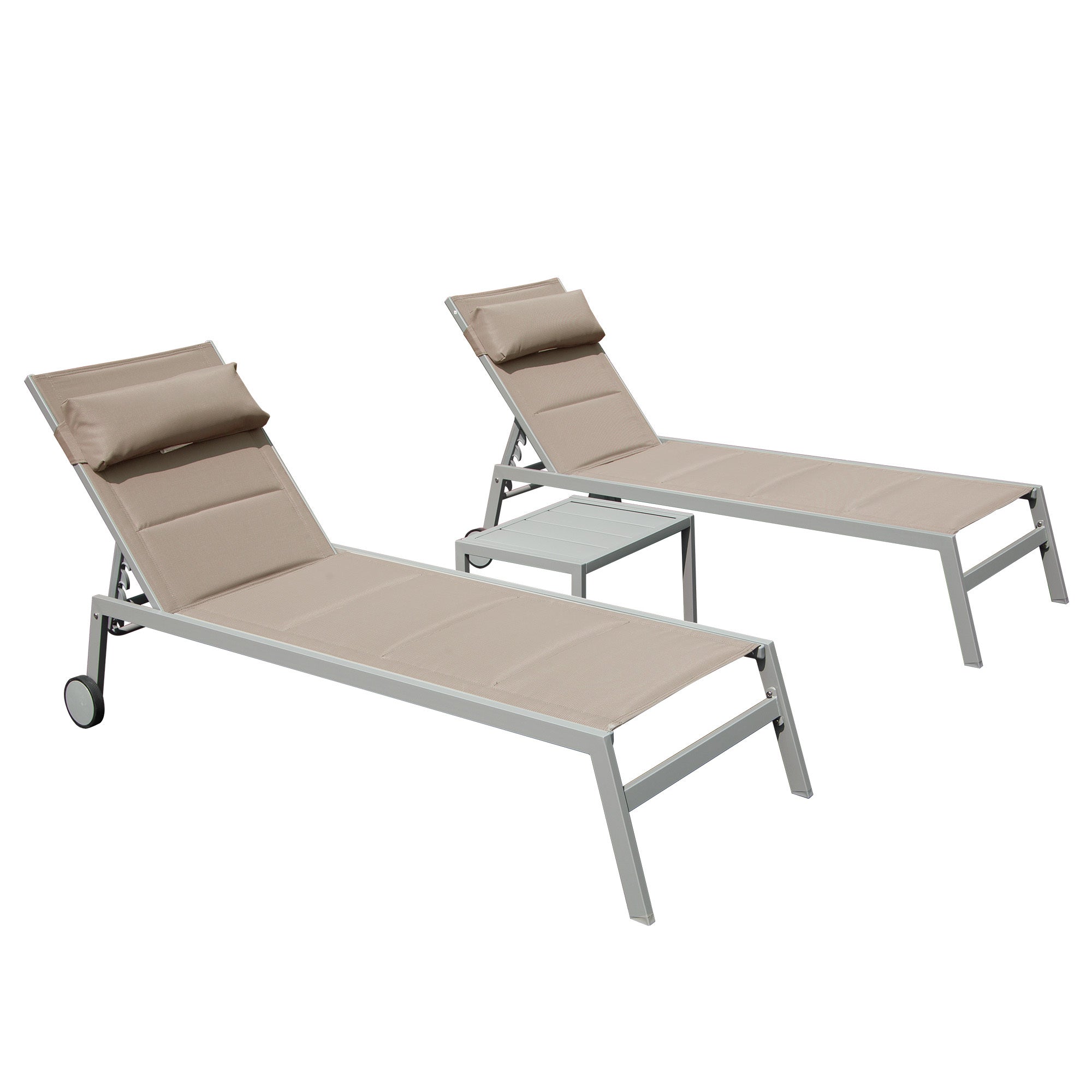Outdoor Chaise Lounge Set 3: Aluminum Pool Recliners w/ Side Table