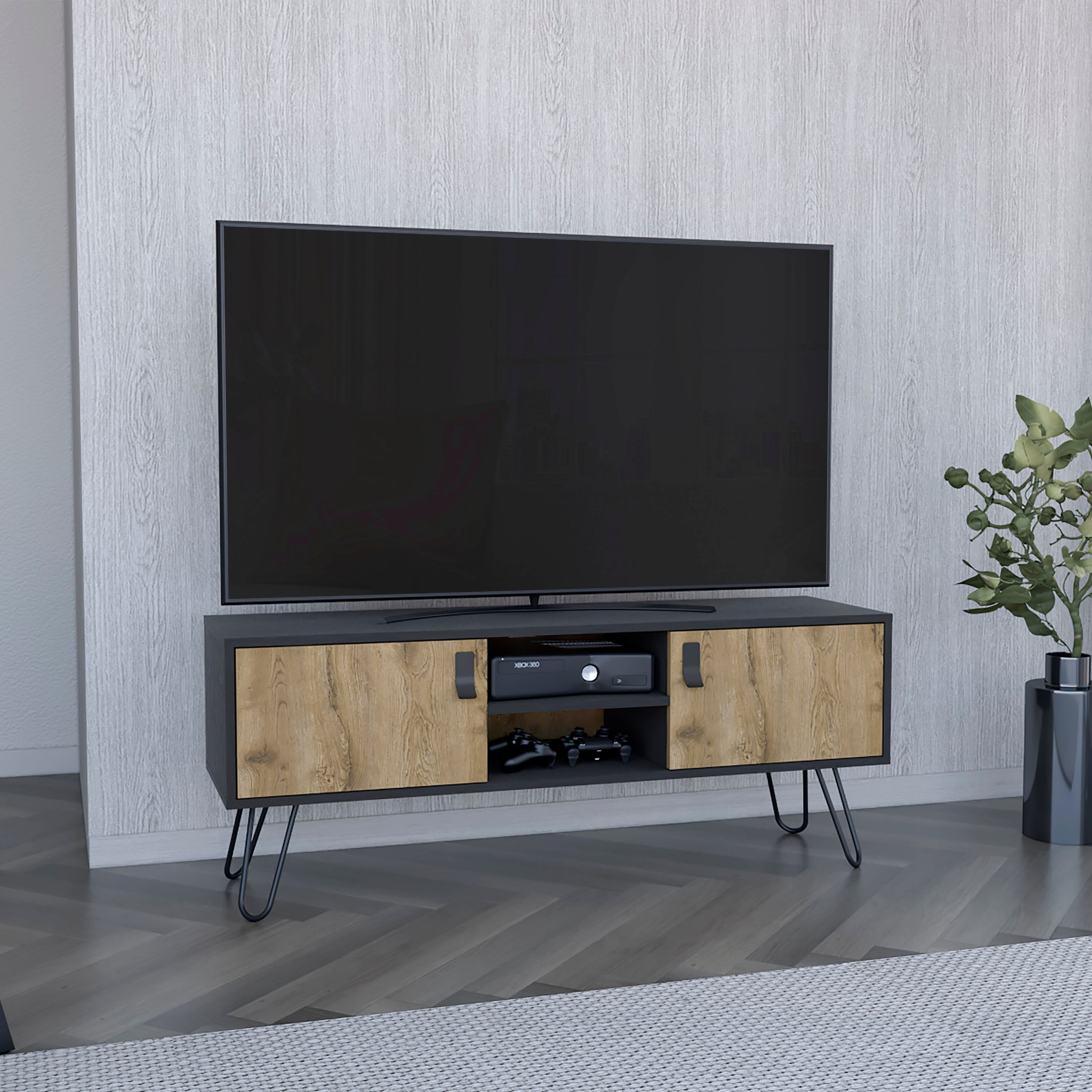 Huna Hairpin Leg TV Stand, Dual-Tone, 2 Doors & Shelves