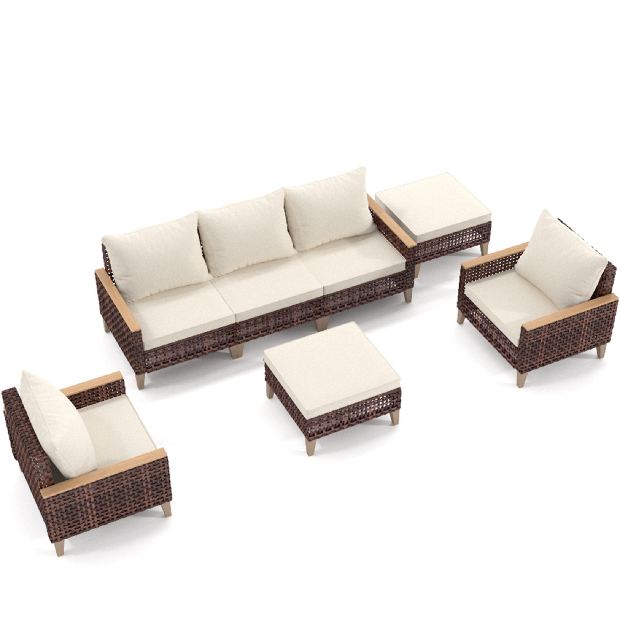 High-Footed White Rattan Terrace Furniture Set, 7-Seat with Cushions