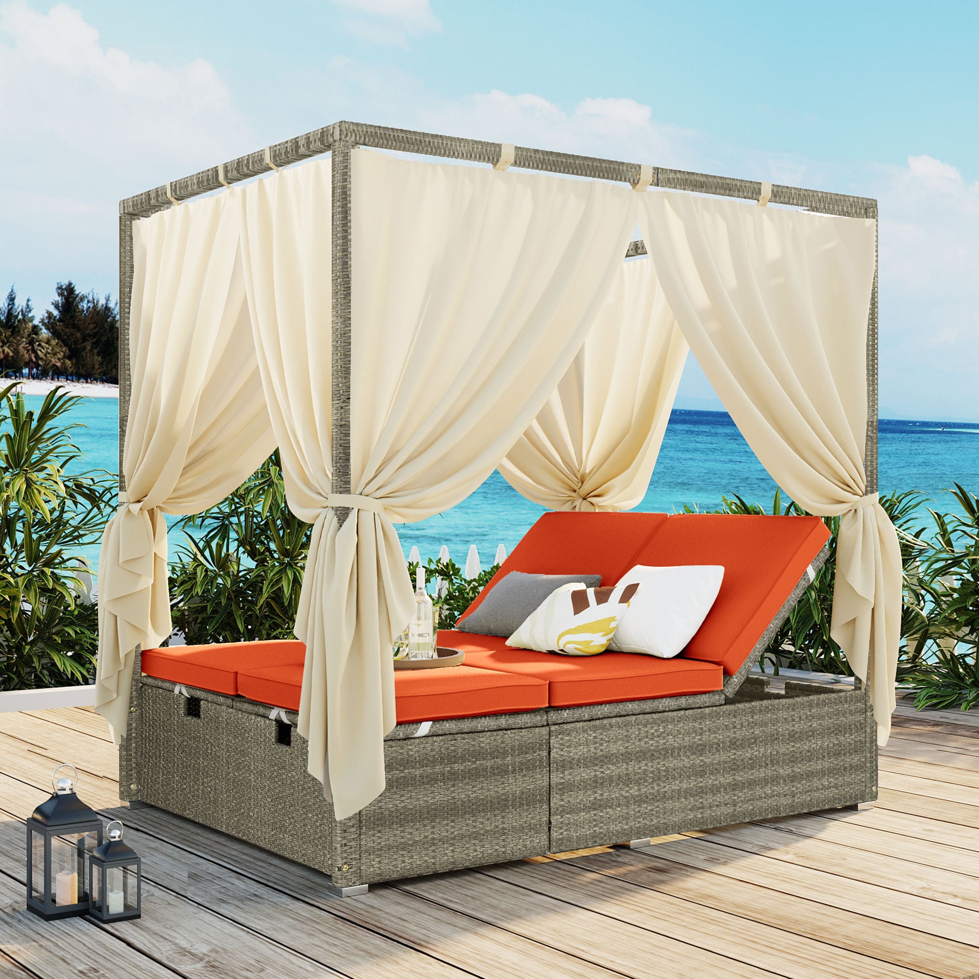 U_Style Adjustable Outdoor Sun Bed w/ Curtain, High Comfort, 3 Colors