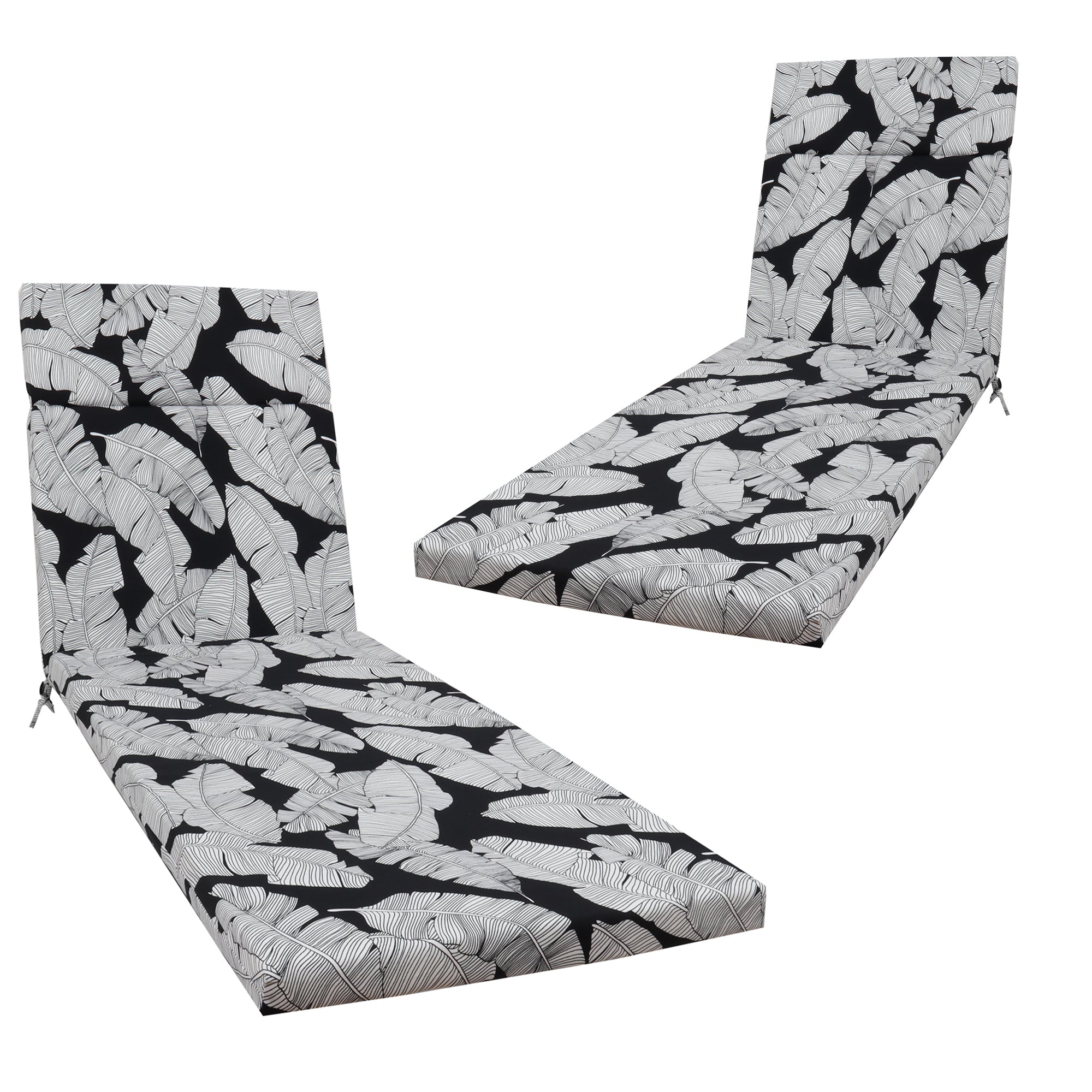 2-Piece Black Leaf Outdoor Chaise Lounge Cushion Set w/ Ties for Patio