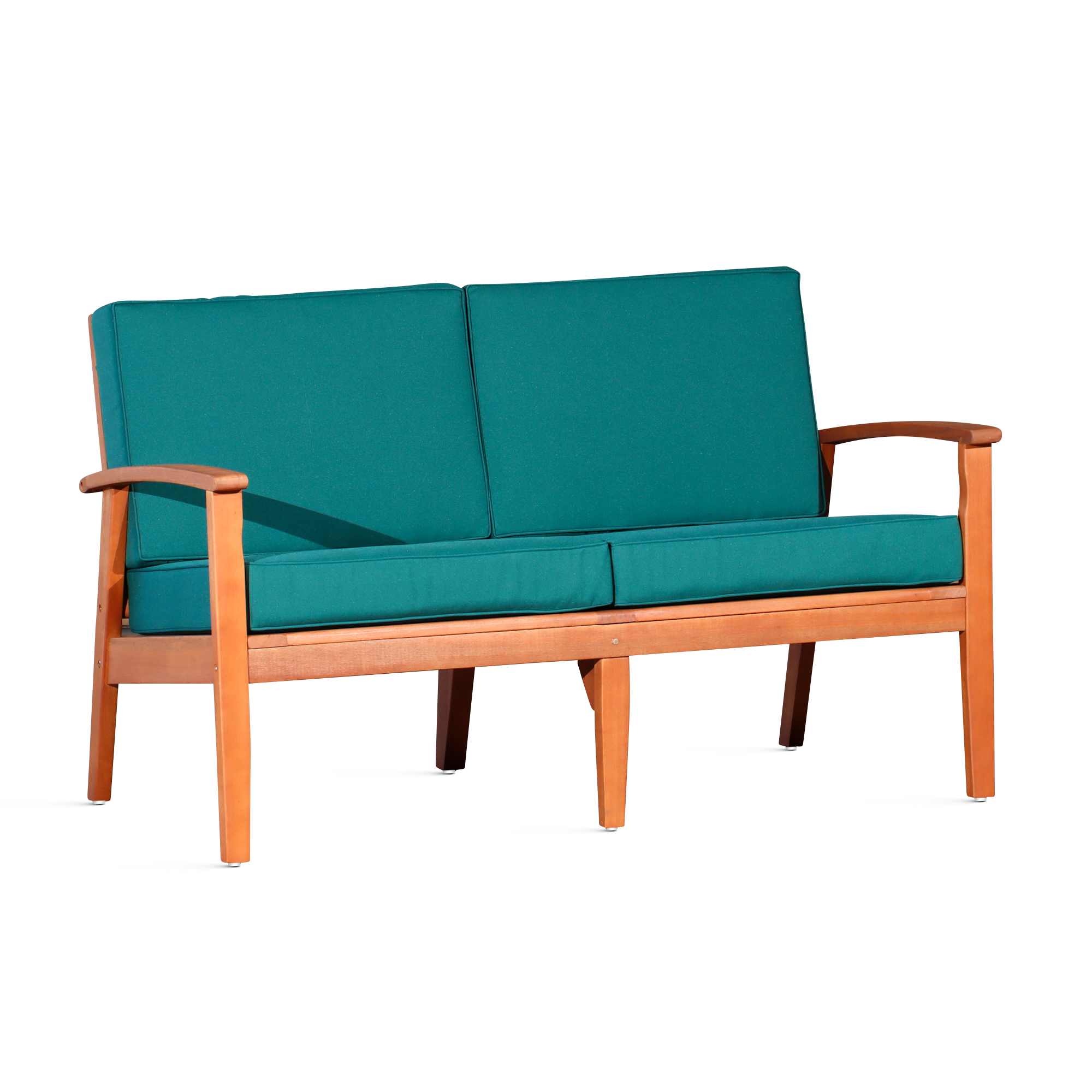 Eucalyptus Wood Loveseat: Natural Finish & Dark Green Cushions