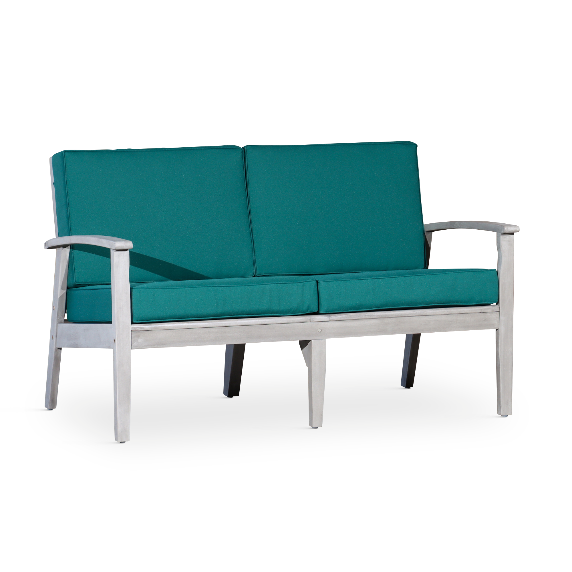 Eucalyptus Loveseat: Silver Gray Frame, Dark Green Cushions