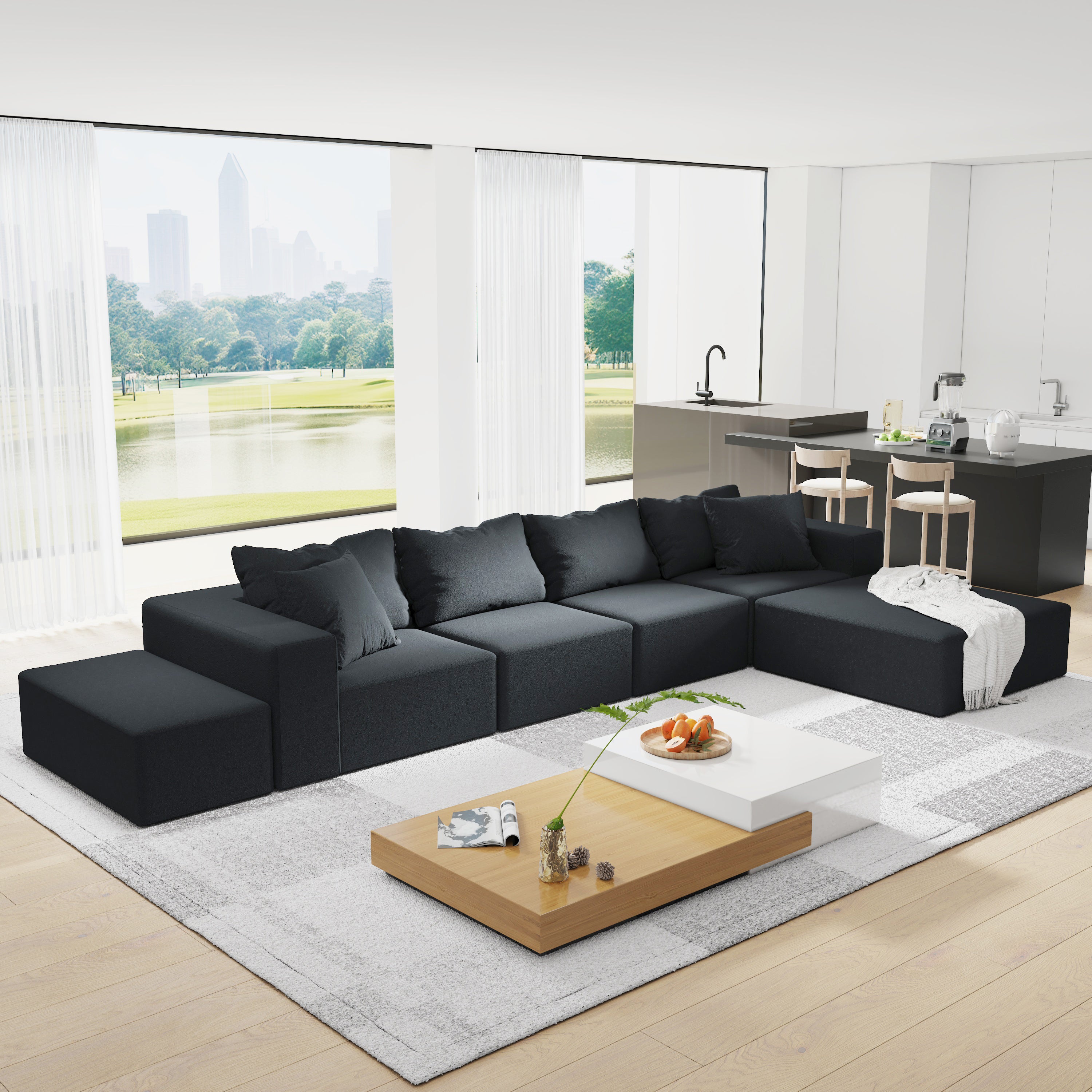 Modern Upholstered Sectional Sofa, 132" L-Shaped Couch with Pillows