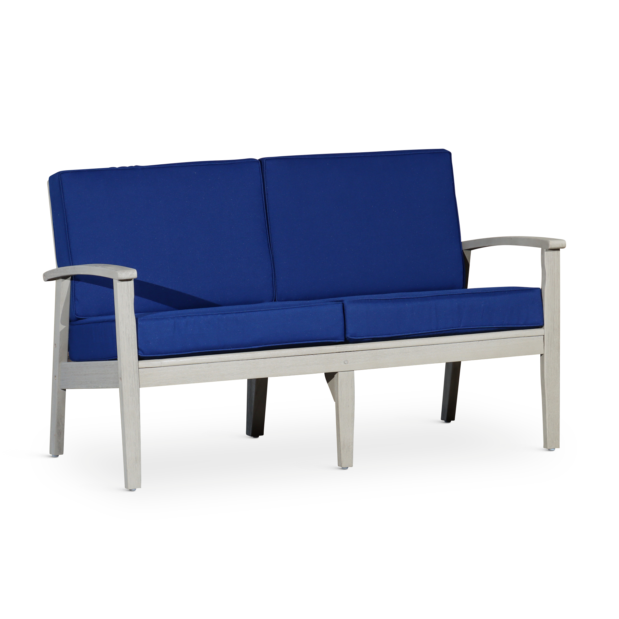 Eucalyptus Loveseat: Driftwood Gray Finish, Navy Cushions