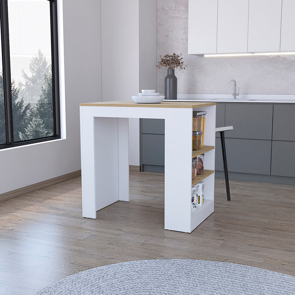 Doyle Kitchen Island, White & Light Oak, 3 Shelves