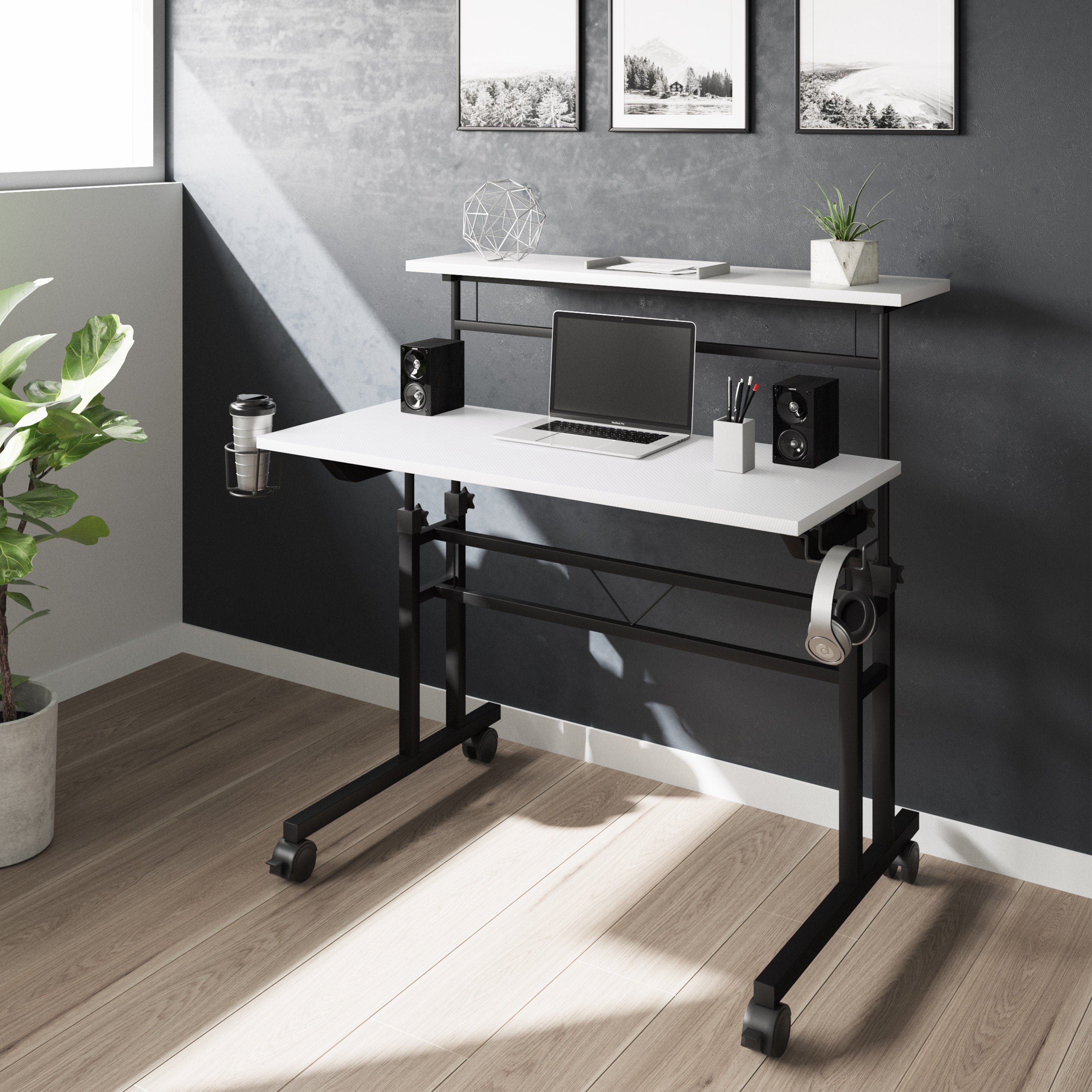 Rolling Desk, Adjustable Height, White