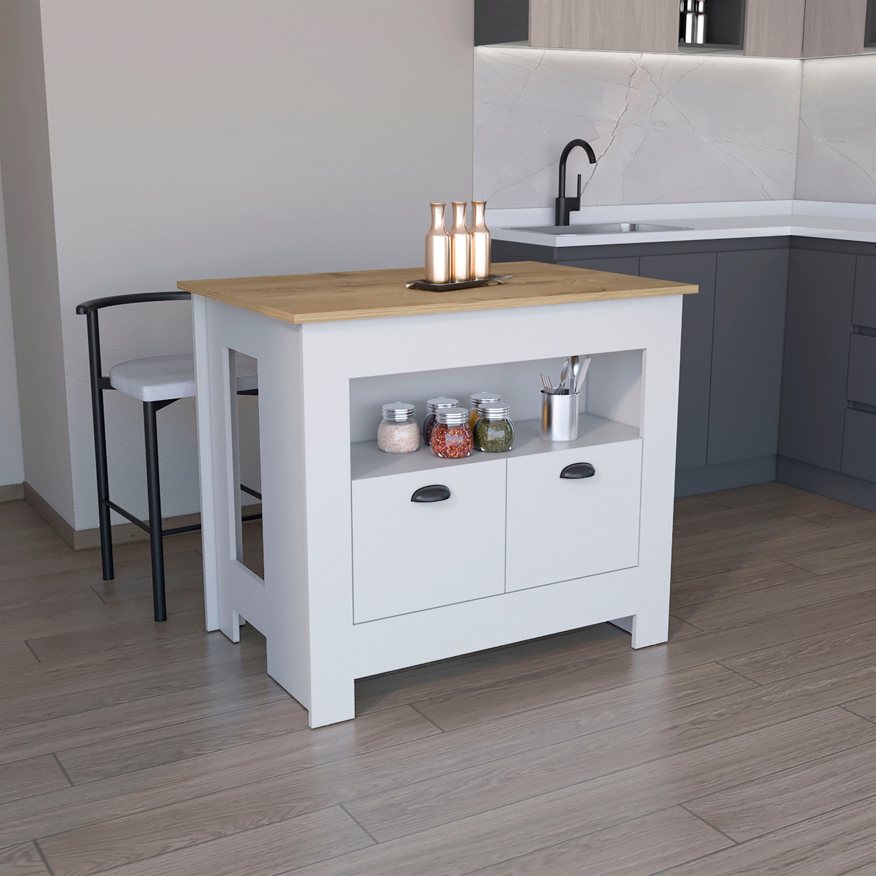 Floyd Kitchen Island, 35"H, White/Macadamia, 2 Doors & 3 Shelves