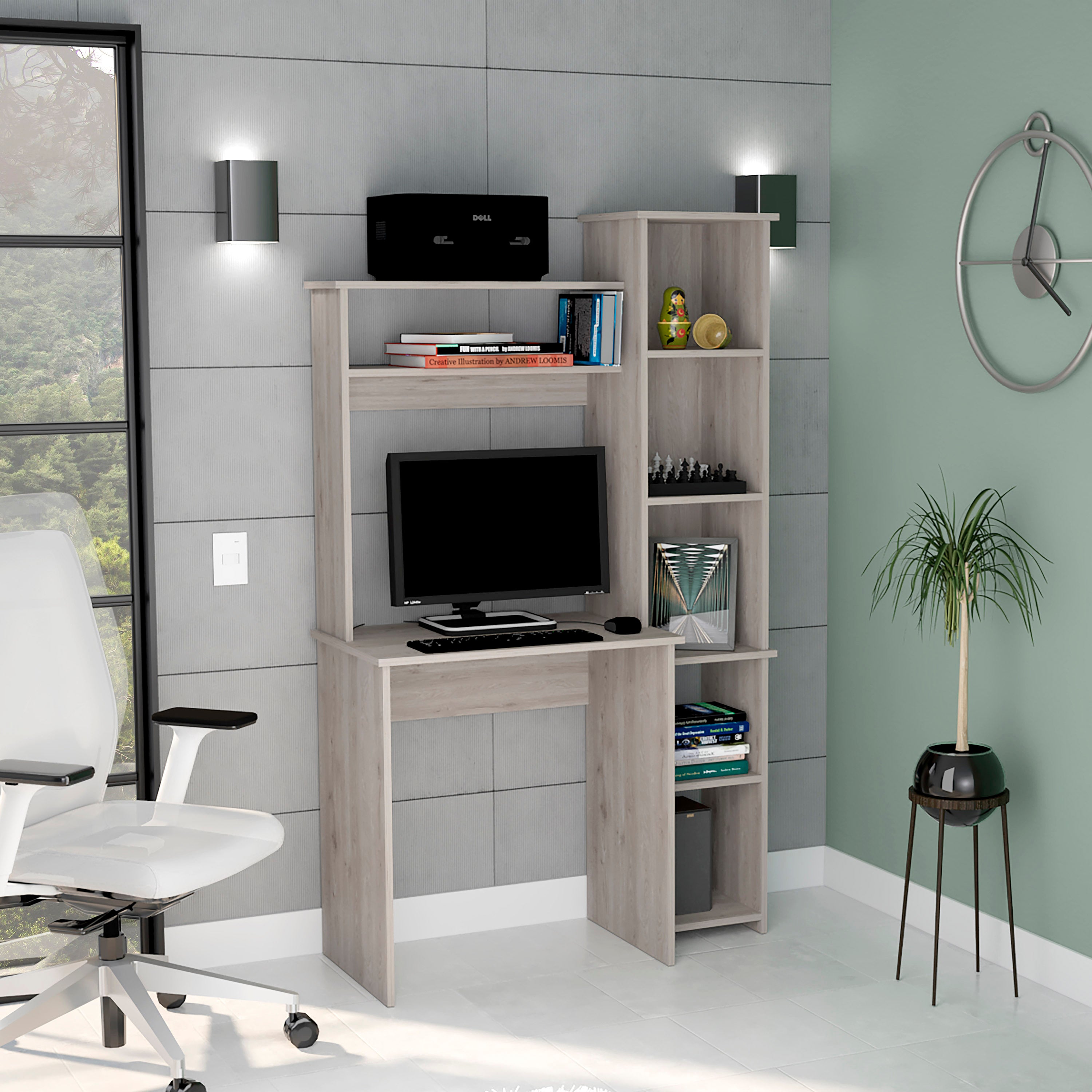 Logan Desk, 5 Cubbies, Light Gray | Modern Home Office Desk
