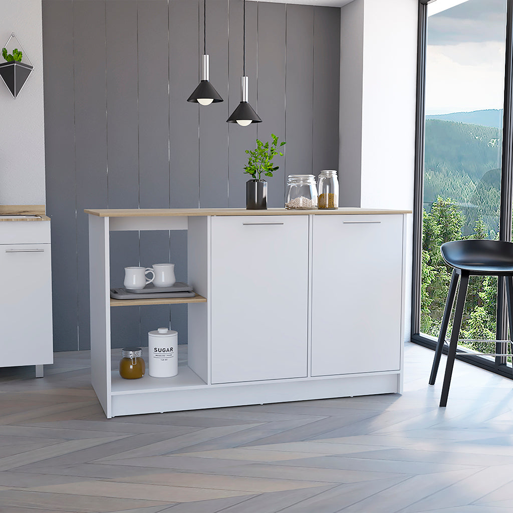 Juniper Kitchen Island w/ Shelves & Cabinets - Light Oak/White