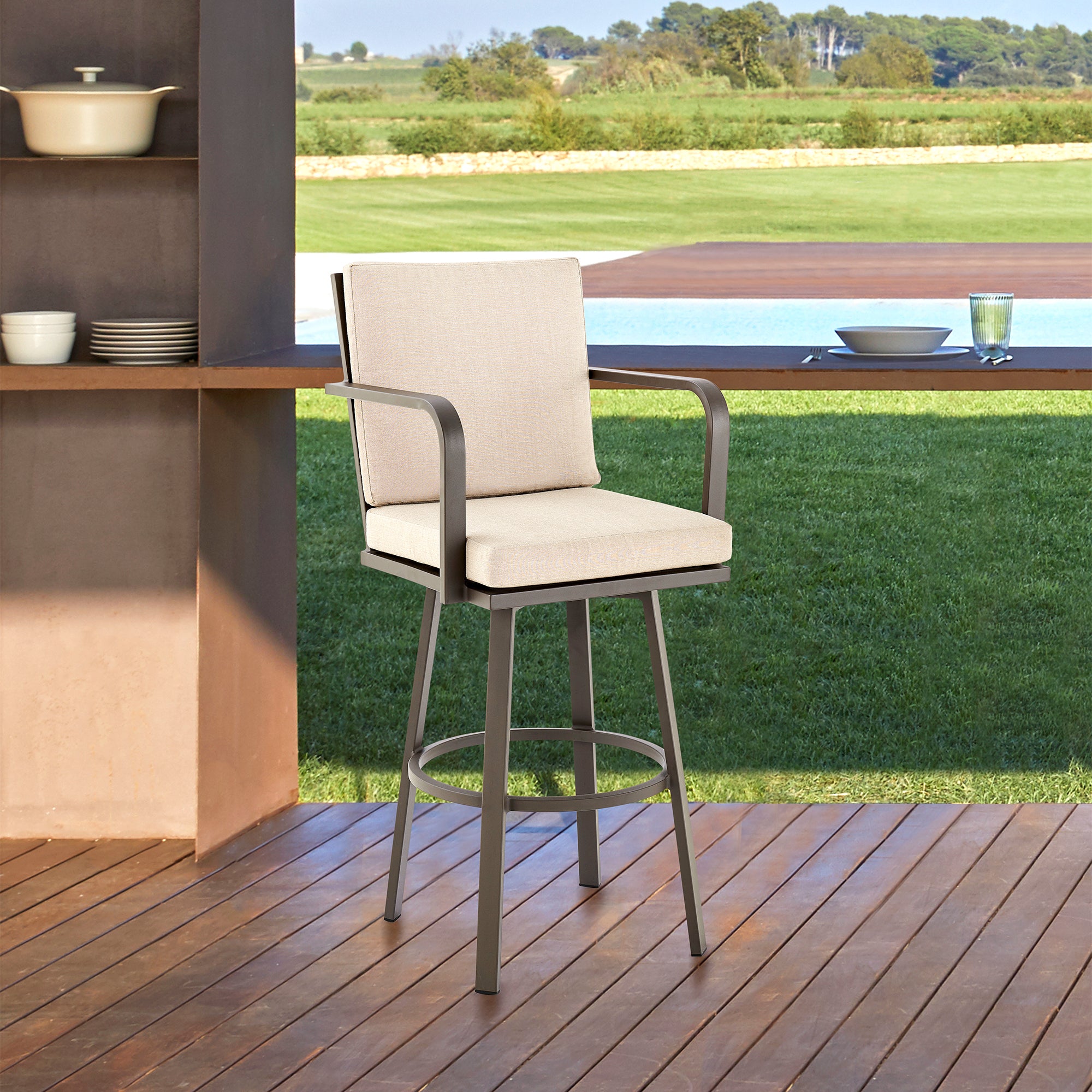 Arnauld 26" Outdoor Patio Swivel Counter Stool w/ Cushions Brown Aluminum