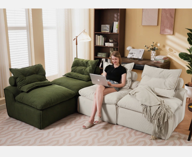Modular Corduroy Sofa: DIY, 4 Seats, Beige/Green