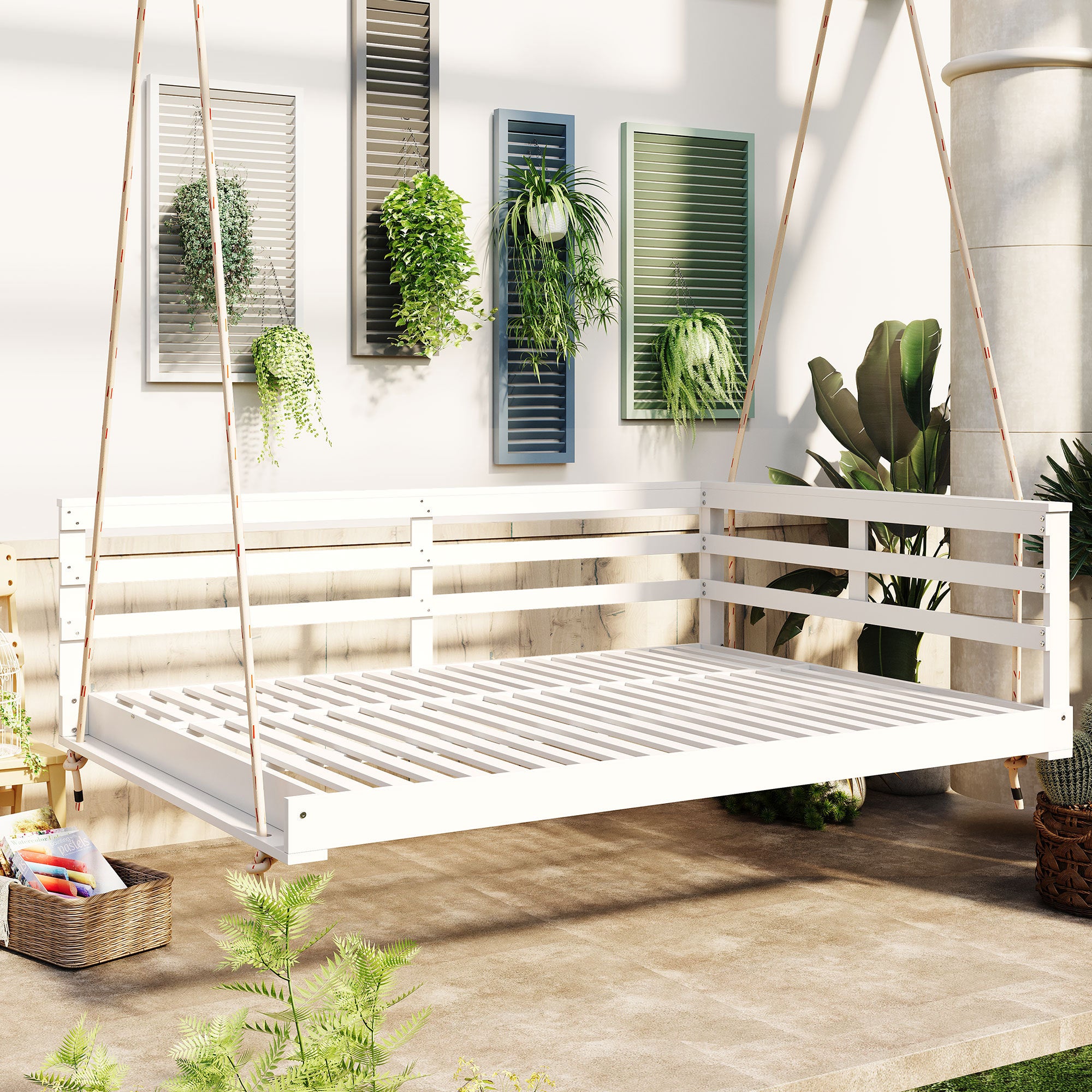 TOPMAX Acacia Wood Porch Swing Bed Outdoor Full Size White Patio