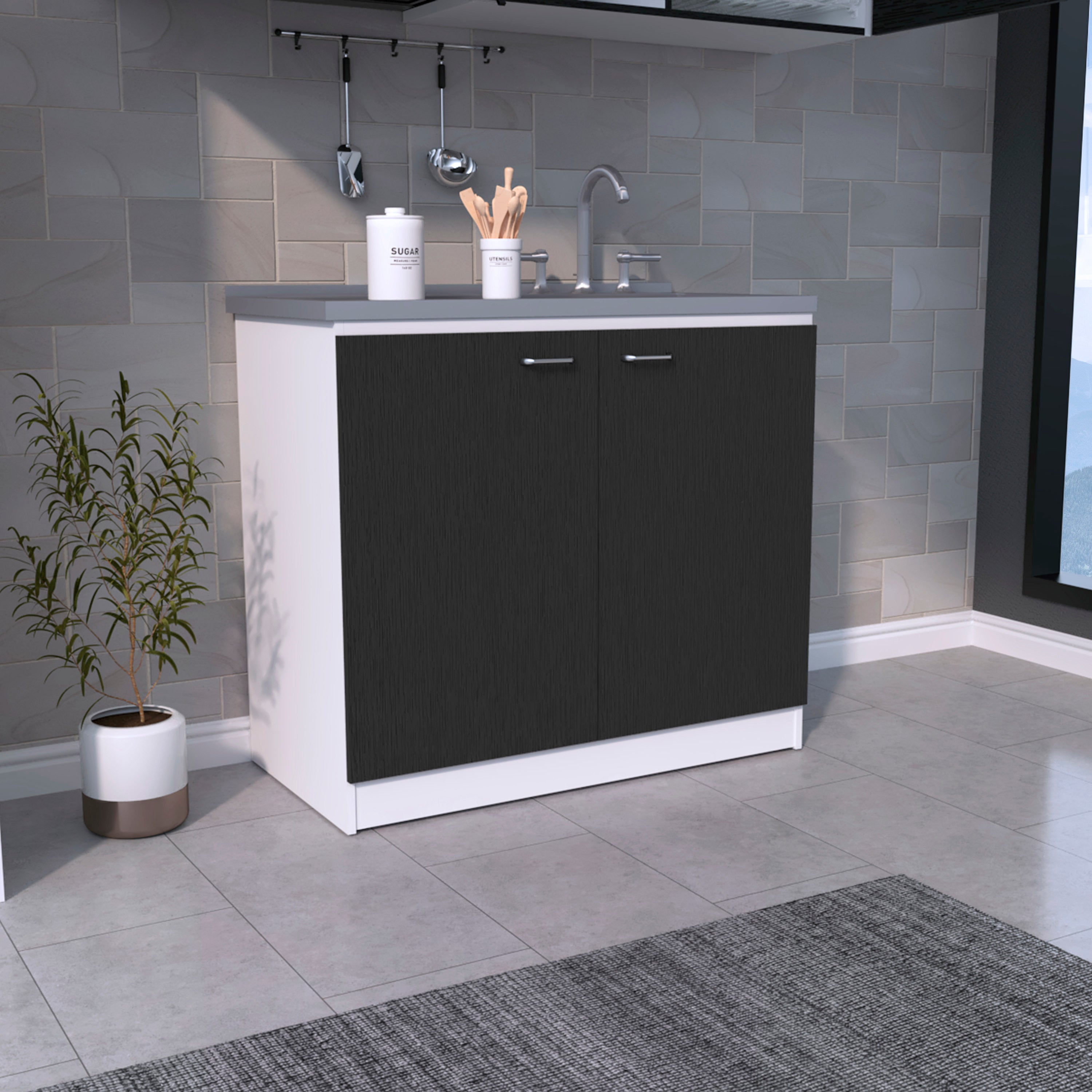 White/Black Freestanding Sink w/ Double Door Cabinet