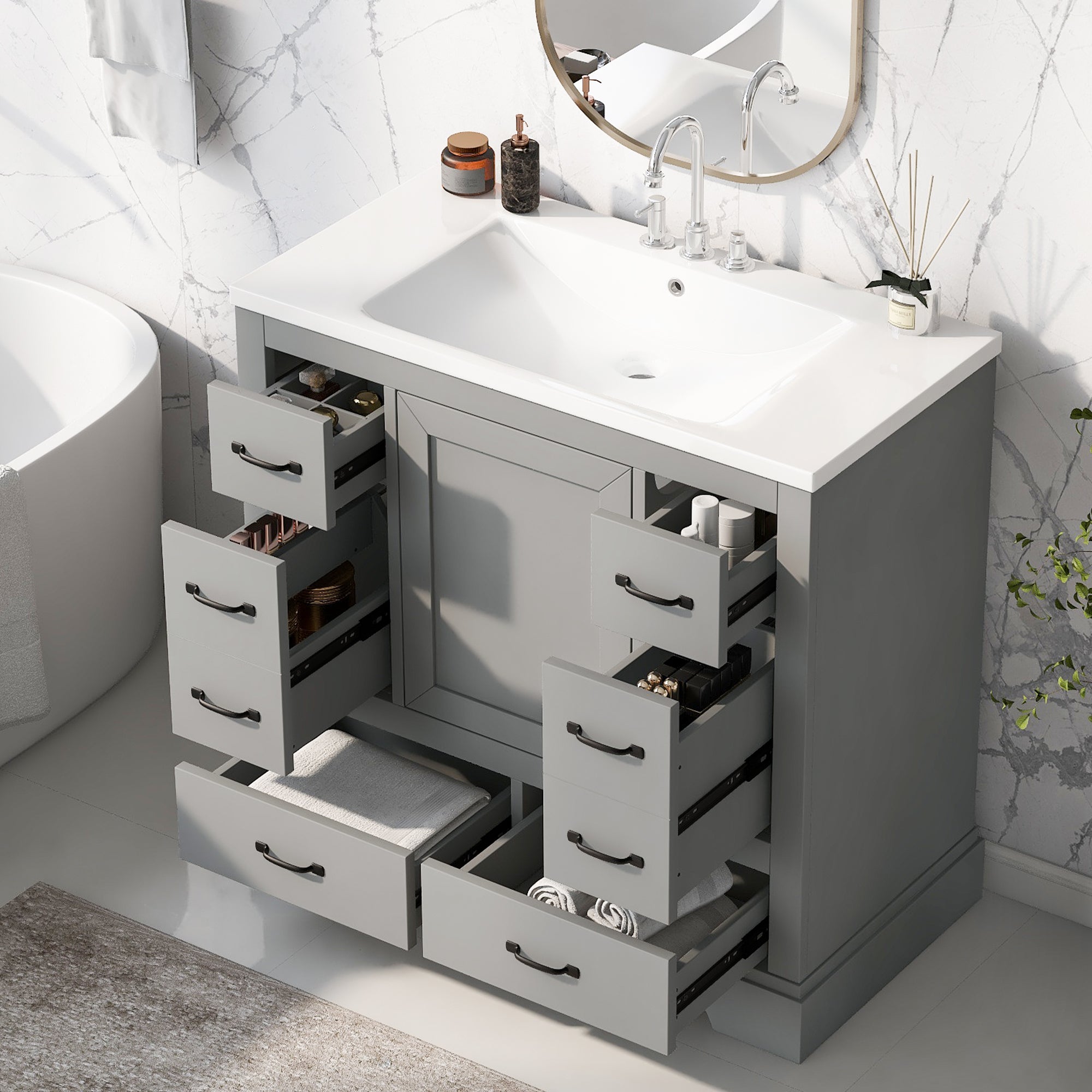 Grey 36" Bathroom Vanity: Sink & 6 Drawers