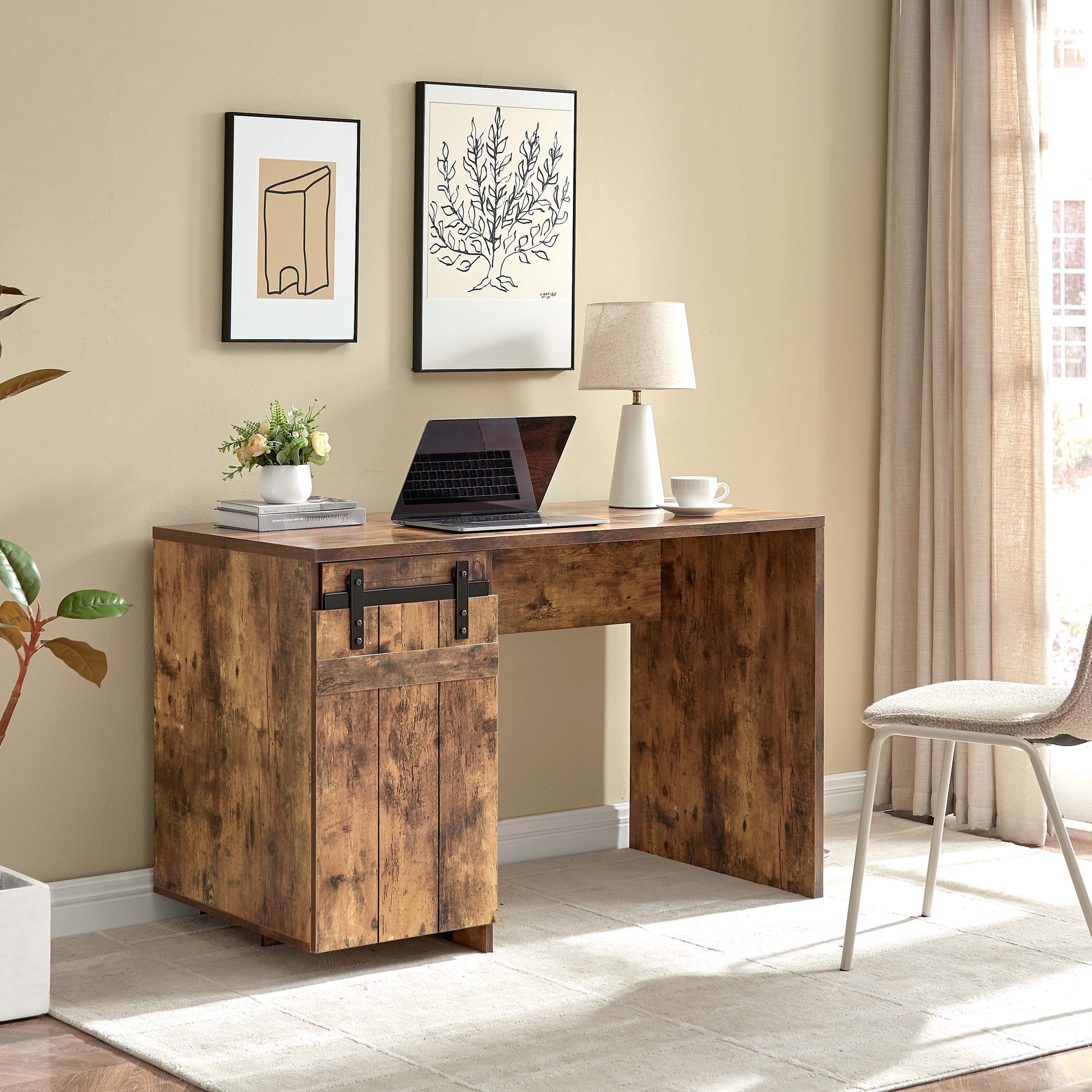 Distressed Wood Home Office Desk w/ Barn Door & Shelves