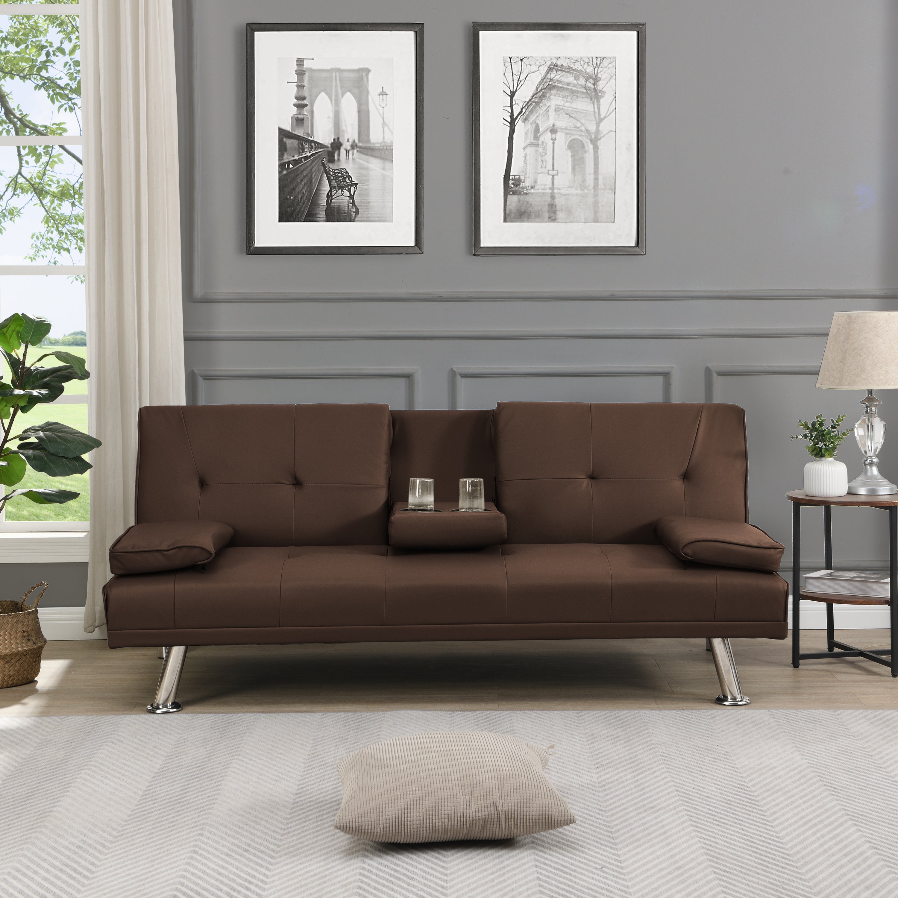Brown Wooden Sofa Bed w/ Armrests & Holders