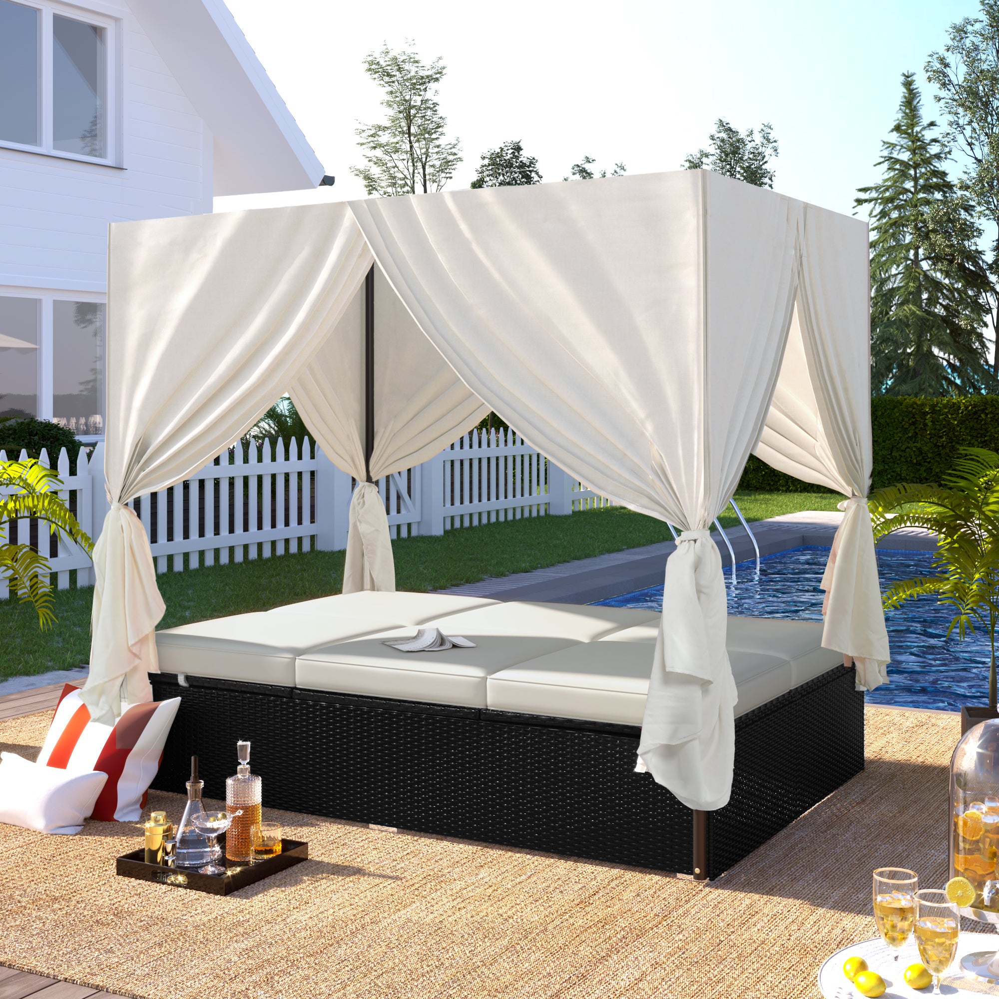 U_STYLE Outdoor Wicker Sunbed Daybed with Adjustable Seats & Cushions