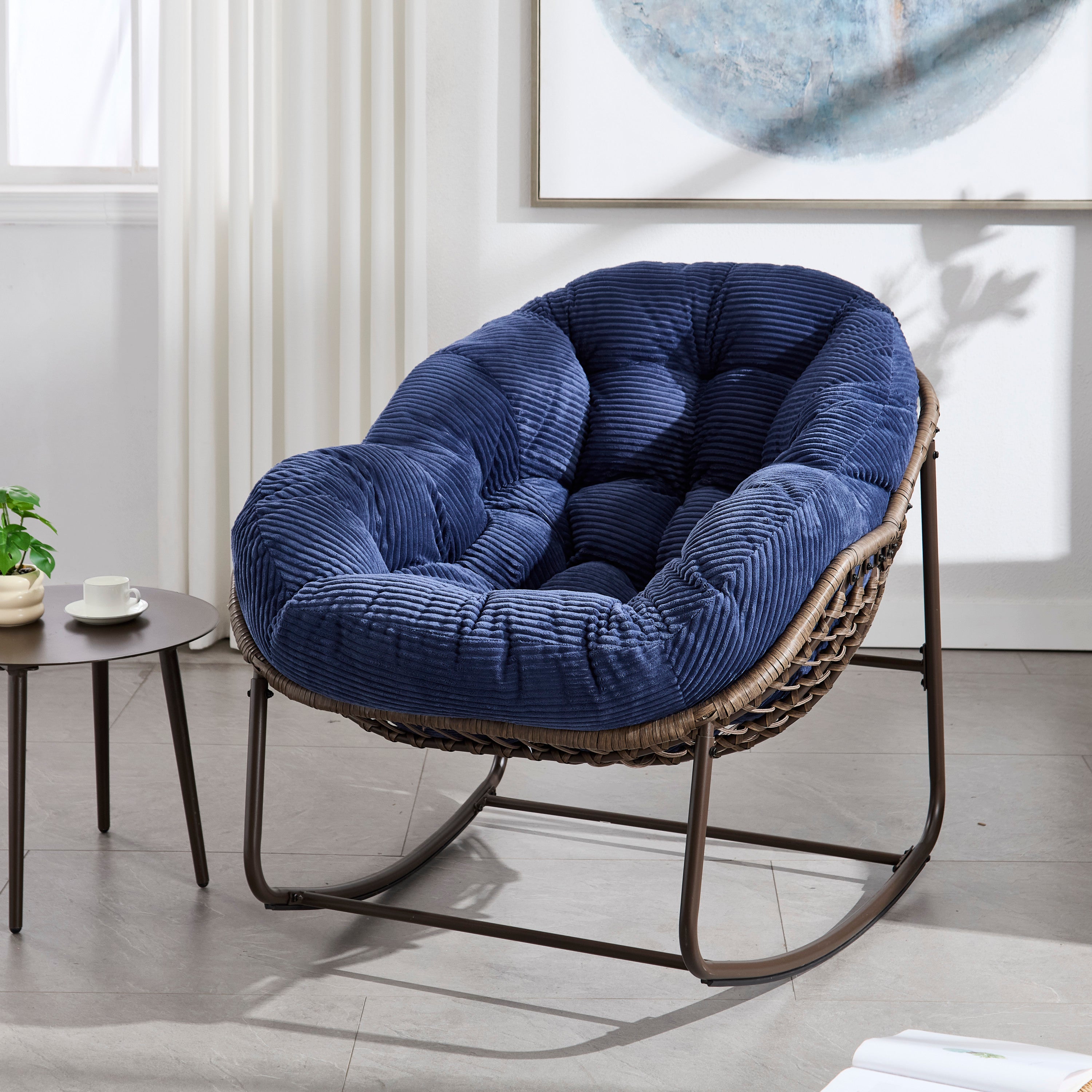 Navy Blue Outdoor Rattan Rocking Chair, Padded Rocker Recliner Patio