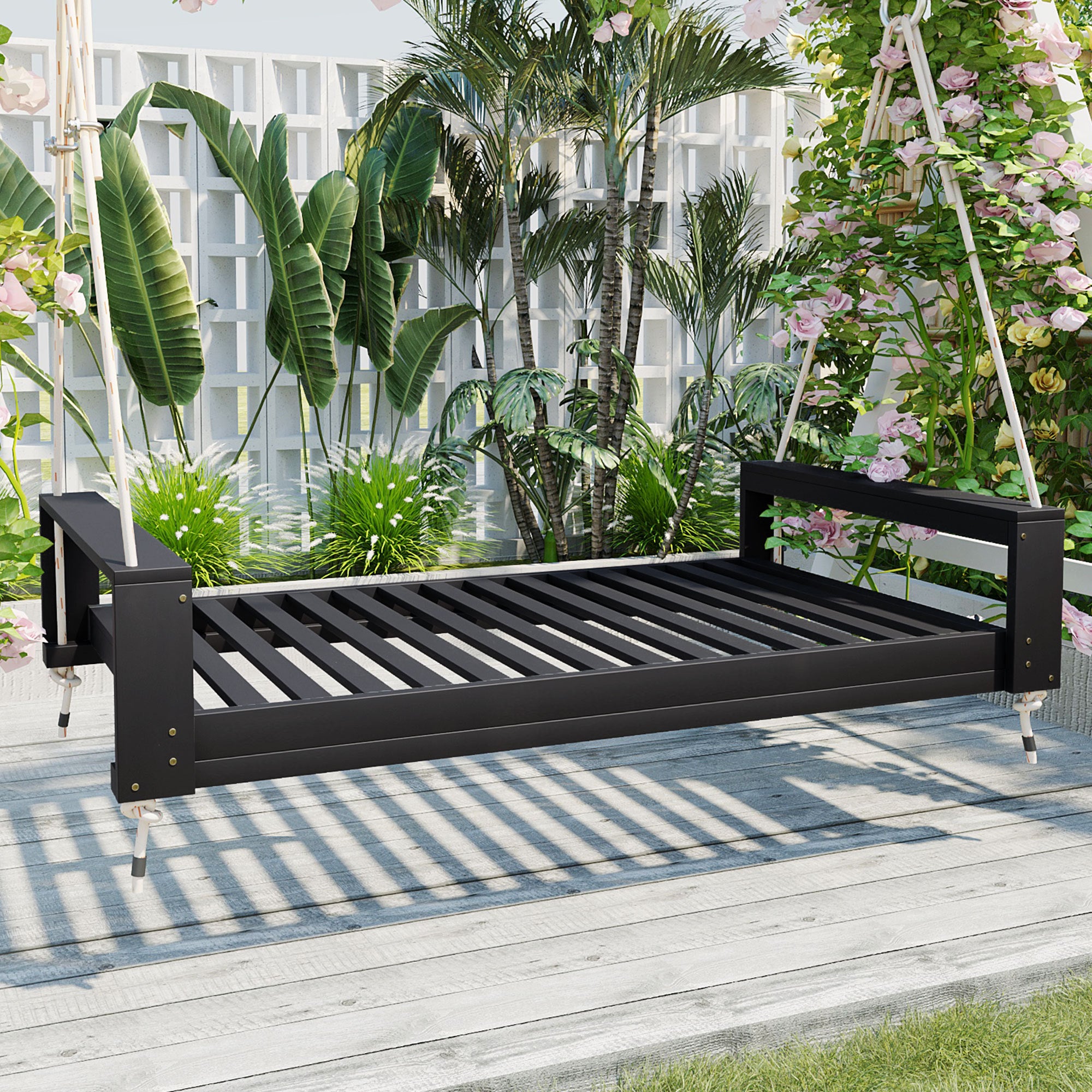 TOPMAX Twin Porch Swing Bed: Acacia Wood Frame, Hemp Ropes
