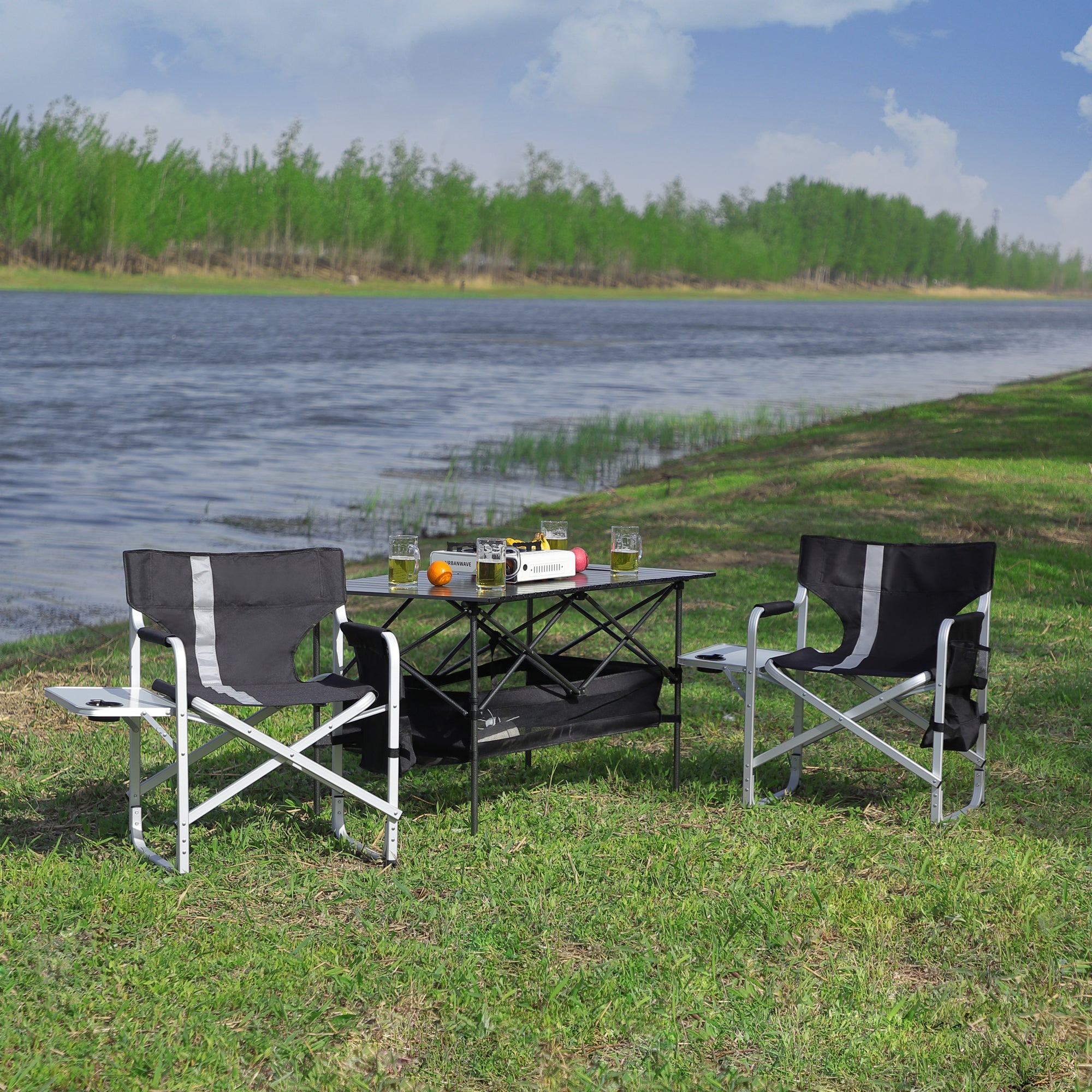 3-PC Folding Outdoor Table & Chairs for Patio, Camping, BBQ, Black/Gray