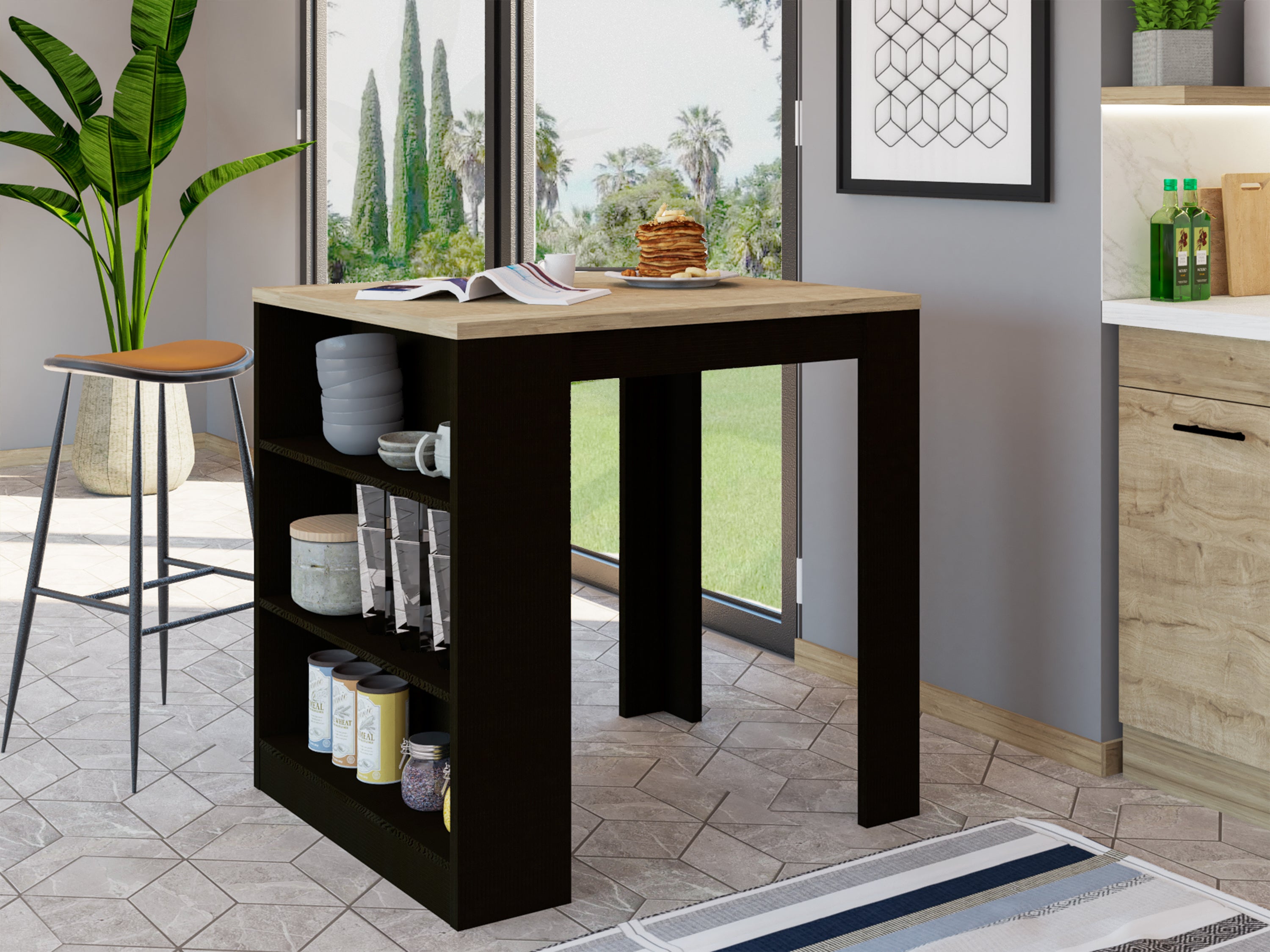 Kitchen Island Table w/ Shelves, Black & Pine