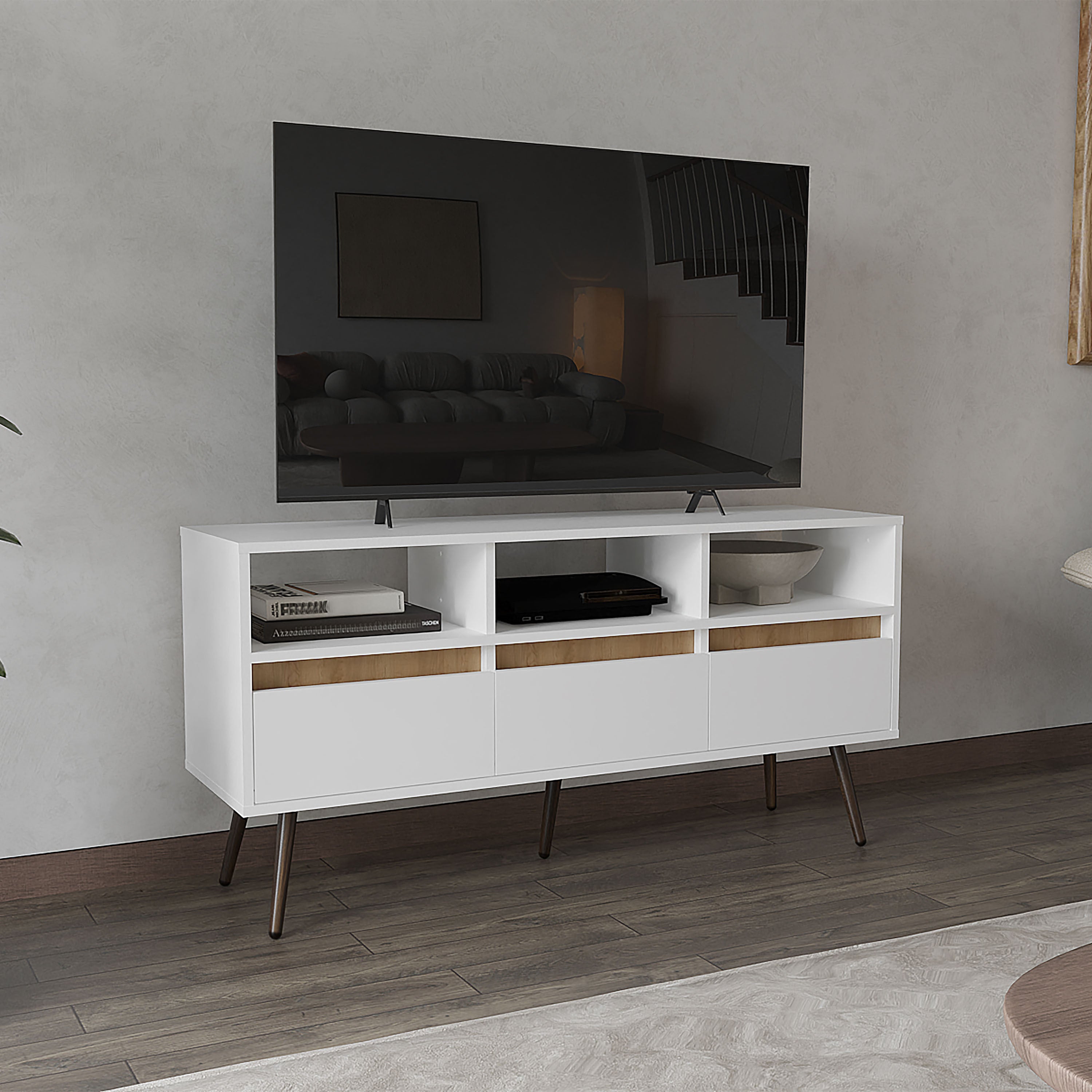 Aranjuez 47" TV Stand, White & Oak, 3 Drawers & Shelves