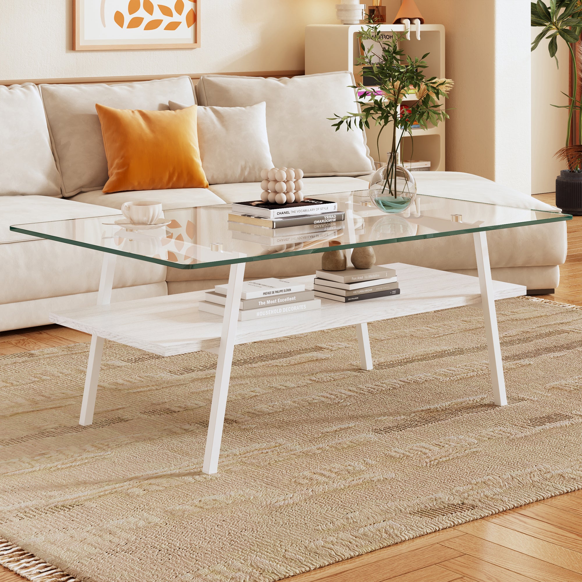 Modern Rectangle Coffee Table: Glass Top & White Legs