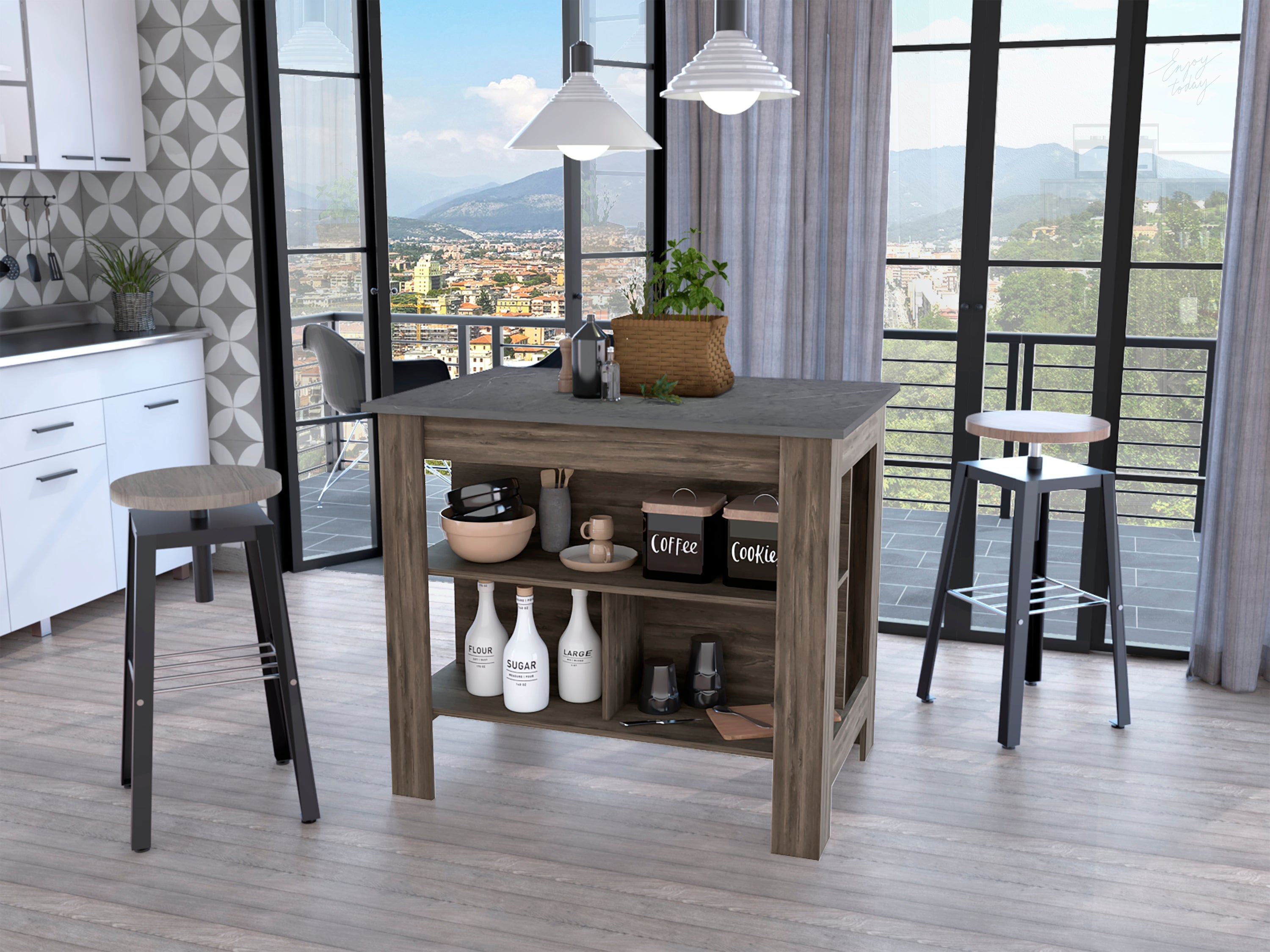 Brooklyn Kitchen Island, Three Concealed Shelves