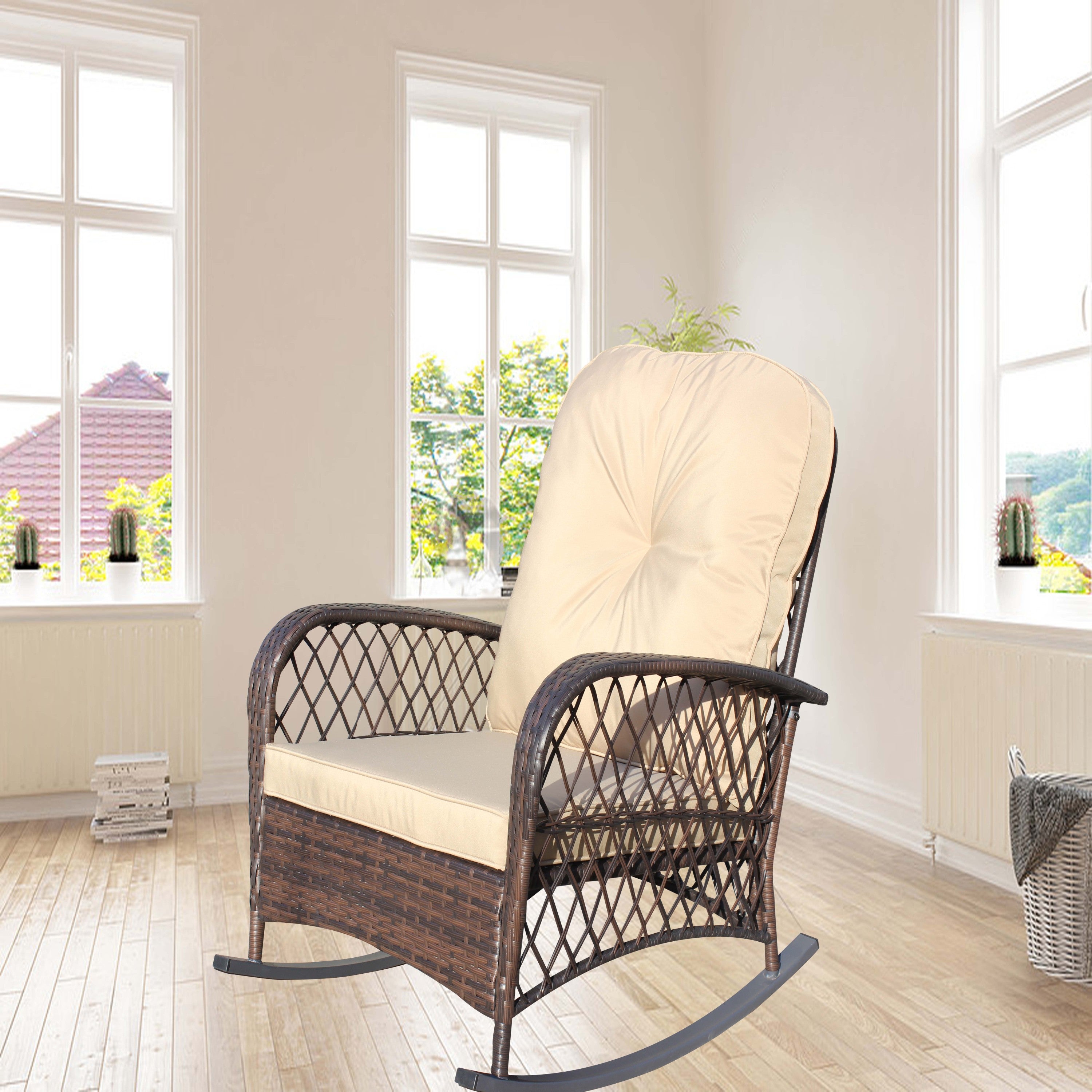 Outdoor Wicker Rocking Chair - Wide Seat, Thick Cushion, Patio Rattan.