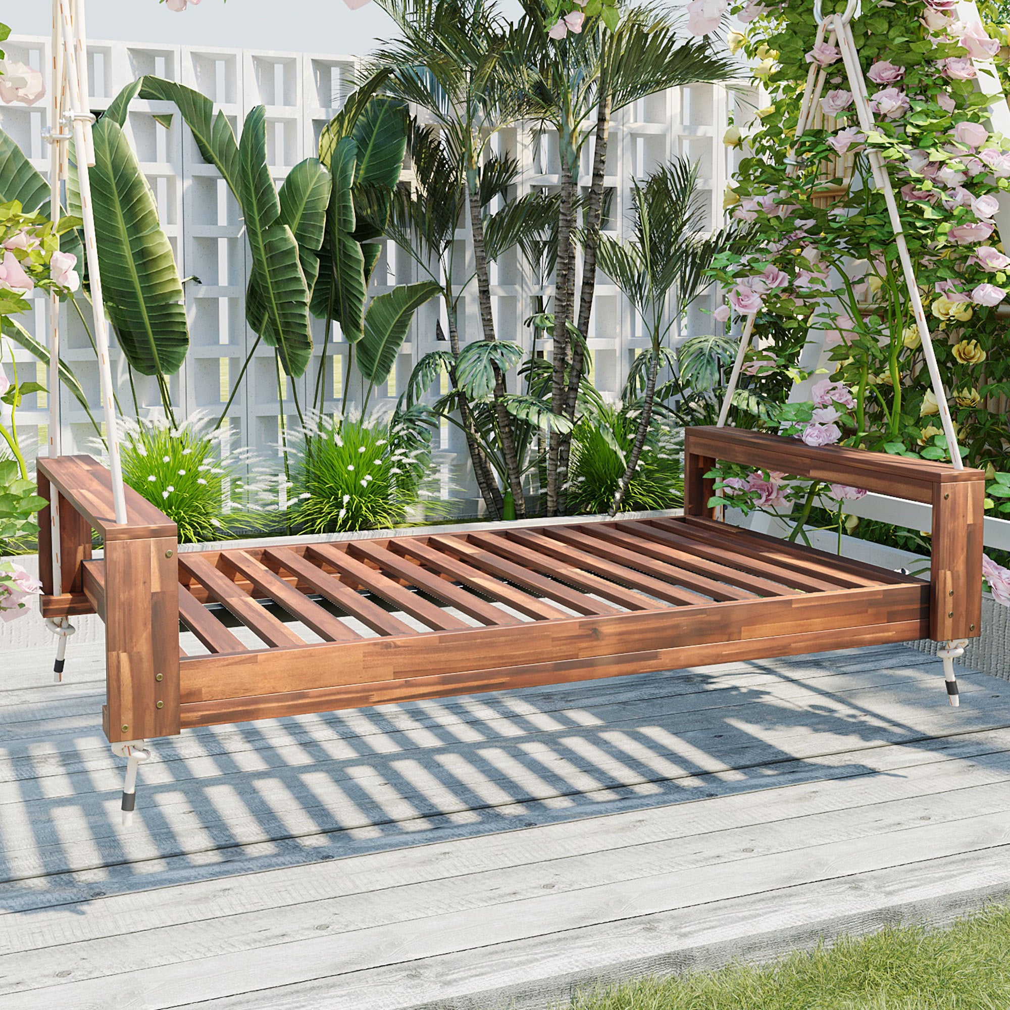 TOPMAX Twin Porch Swing Bed - Acacia Wood Patio Garden Swing