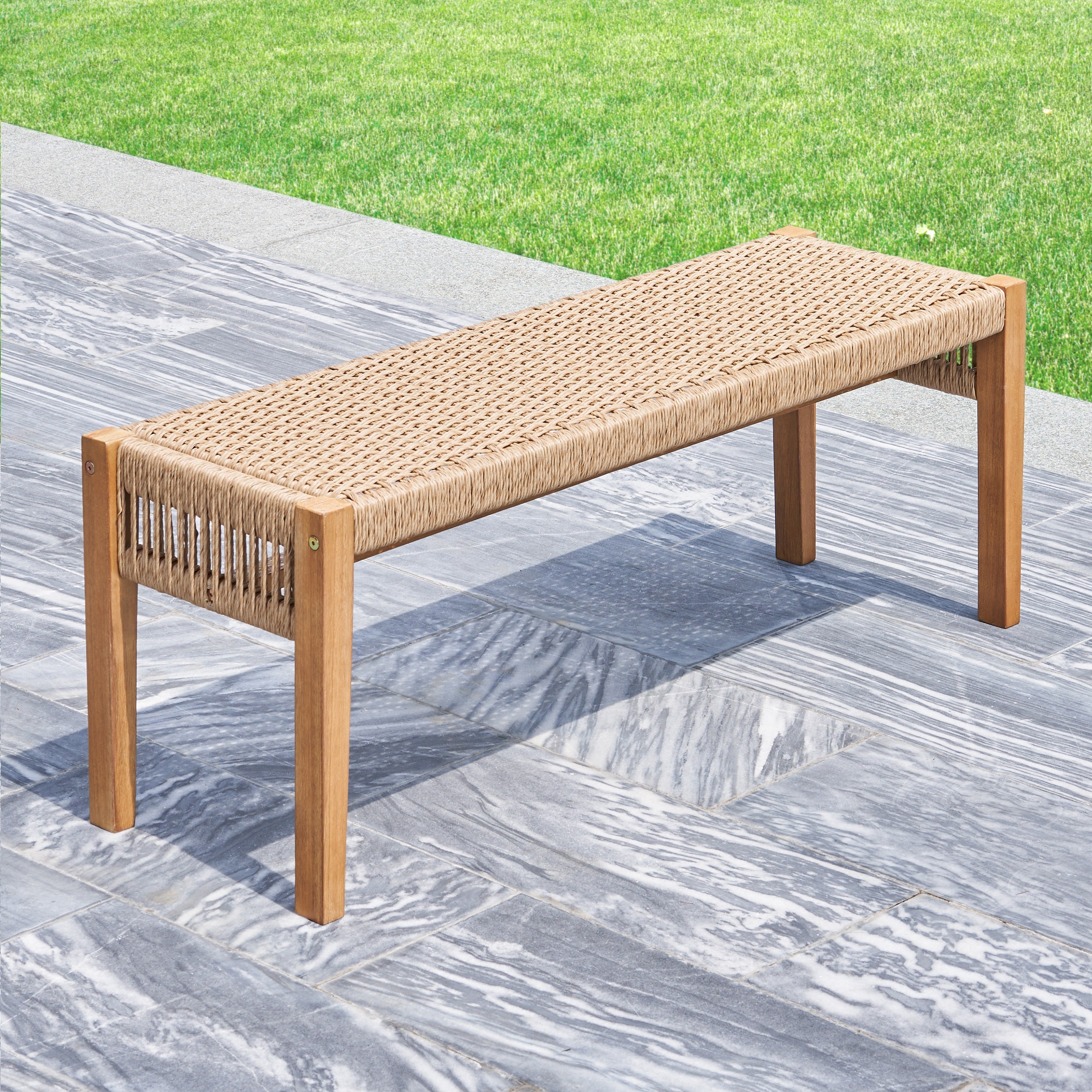 Mauricio Golden Oak Acacia Wood Mixed Strapped Rattan Garden Bench.
