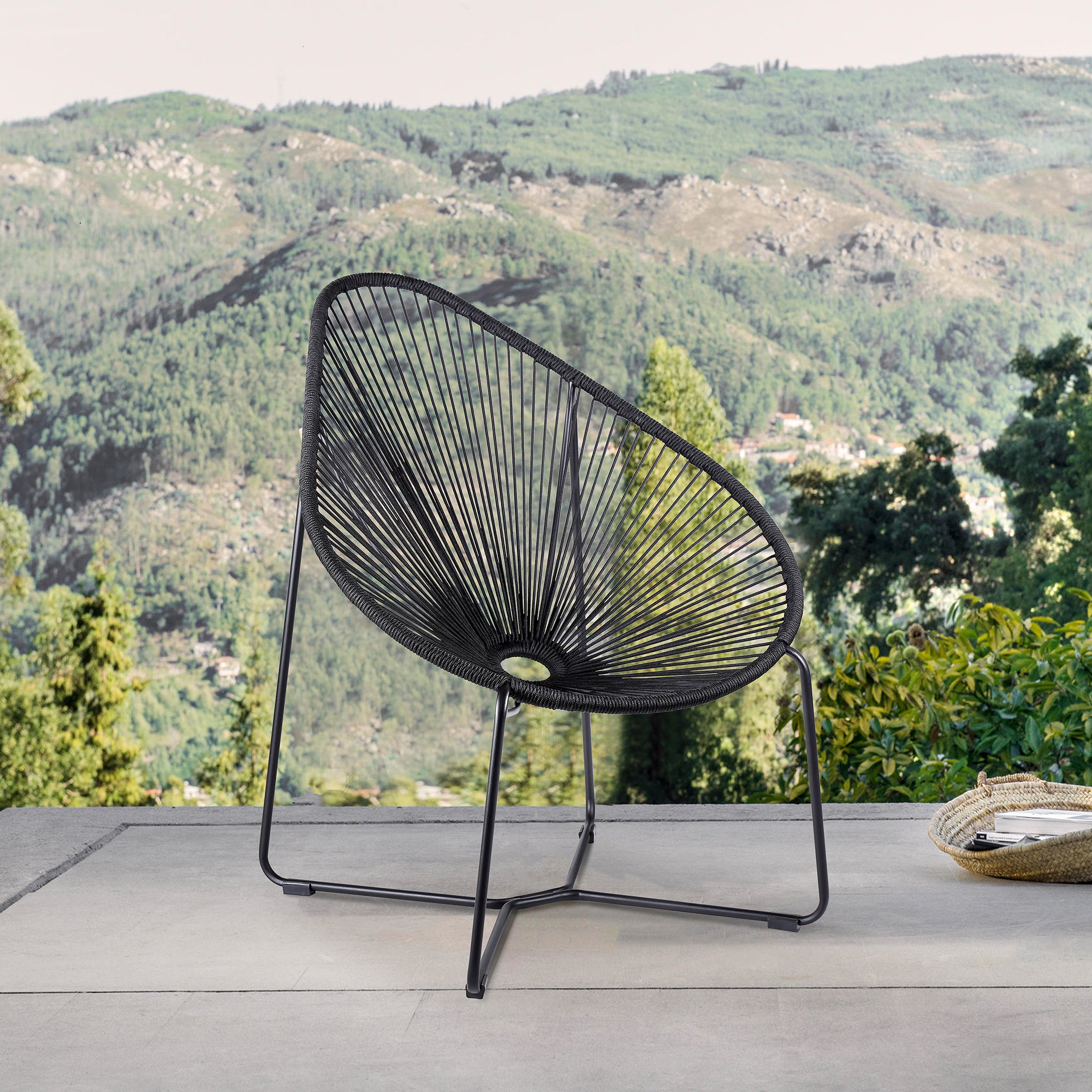 Acapulco Papasan Lounge Chair: Indoor Outdoor Steel Black Rope Styled
