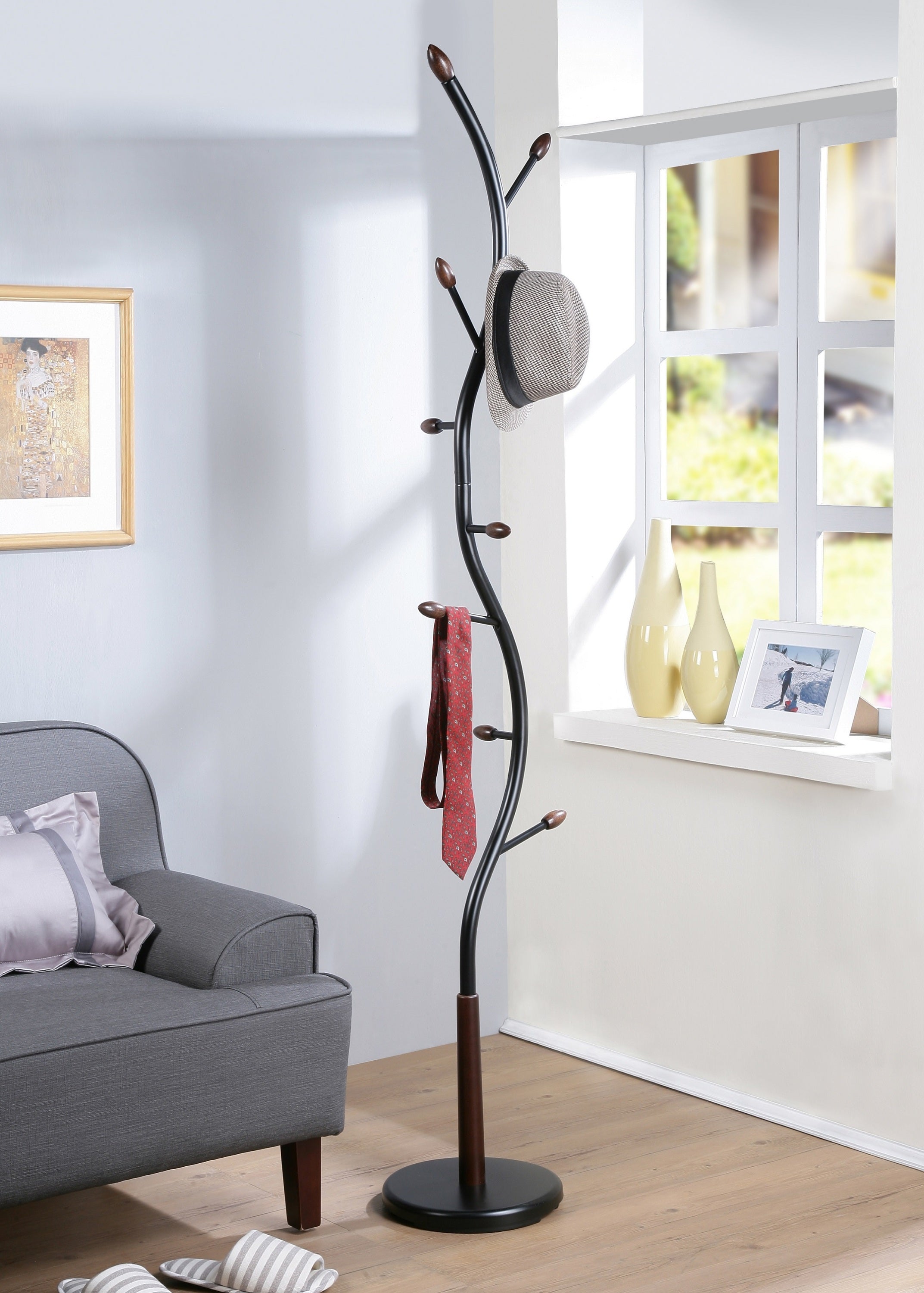 Arles Black & Walnut Metal Standing Coat Rack