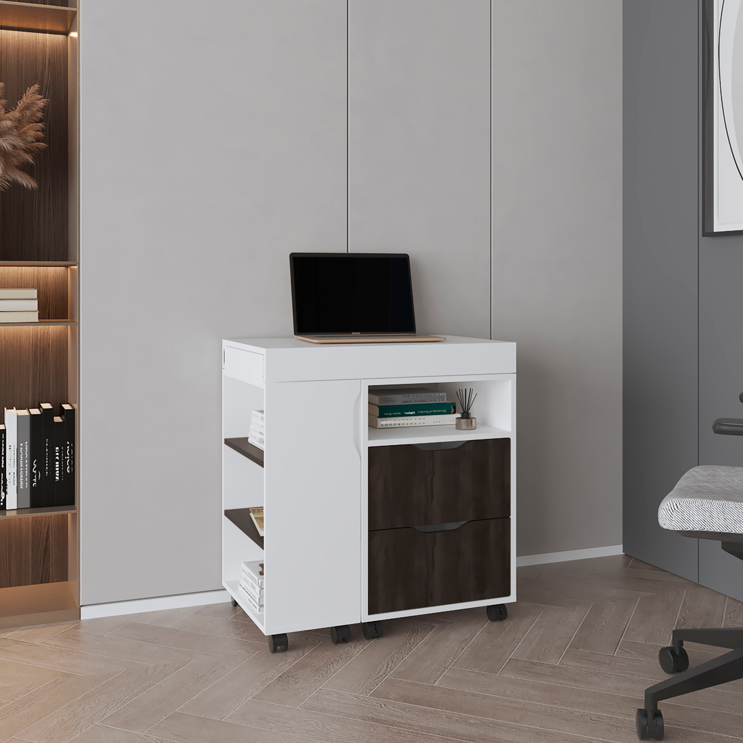 San Diego 54" Expandable Desk w/ Shelves & Casters - White/Walnut