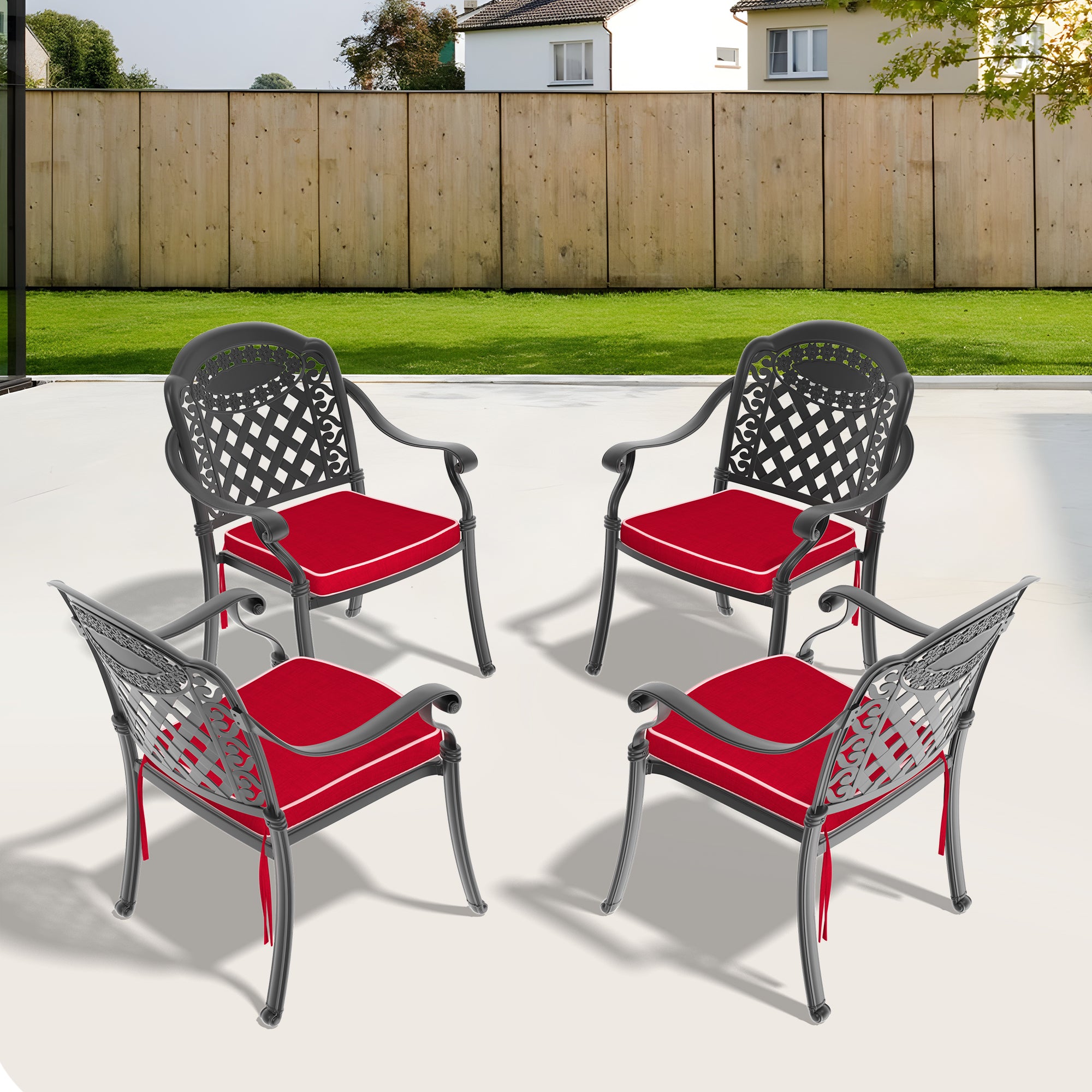 Cast Aluminum Patio Dining Chair Set 4PK | Black Frame Red Cushions