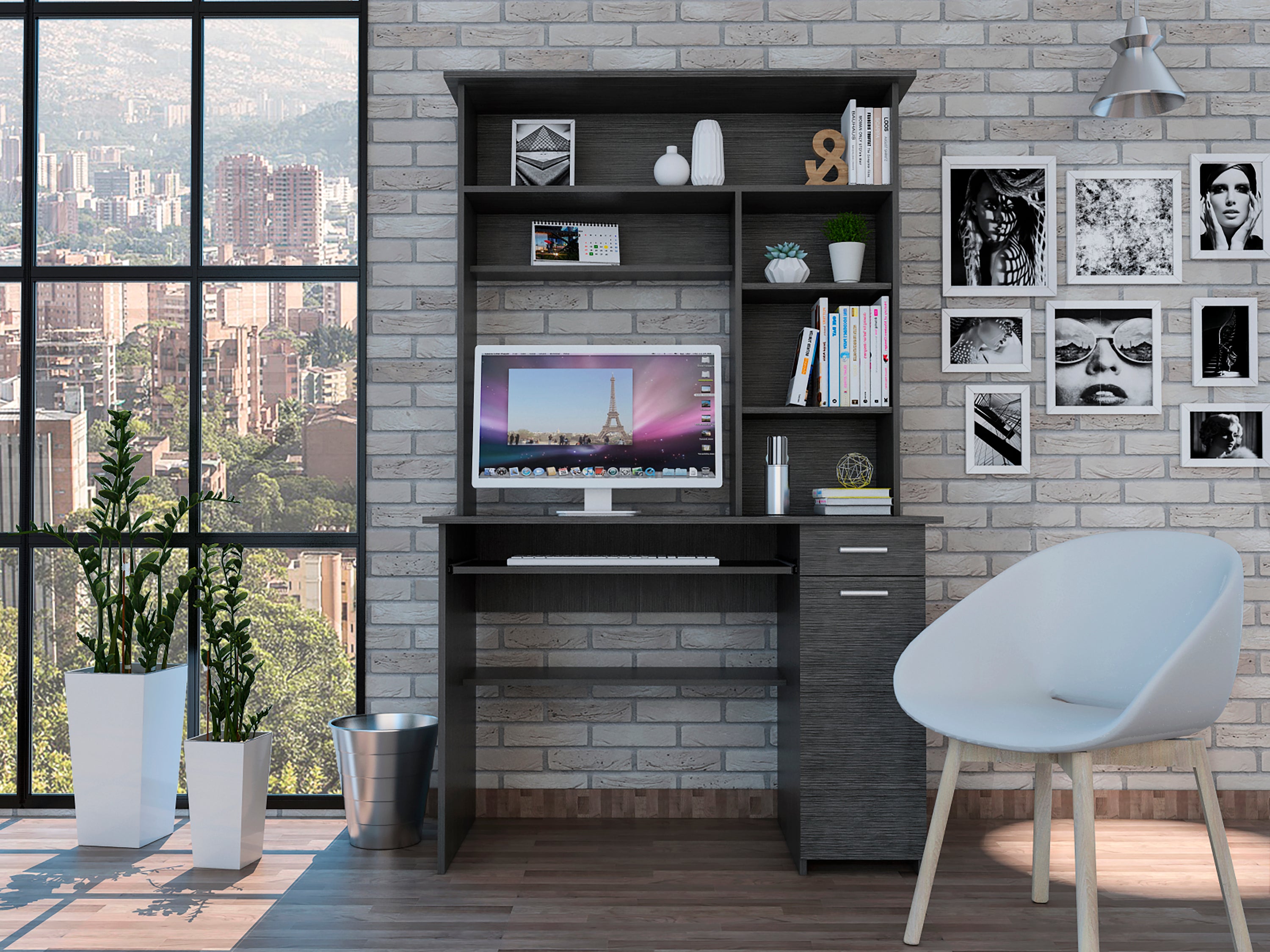 Smokey Oak Computer Desk with Hutch | 2 Drawers & 7 Shelves