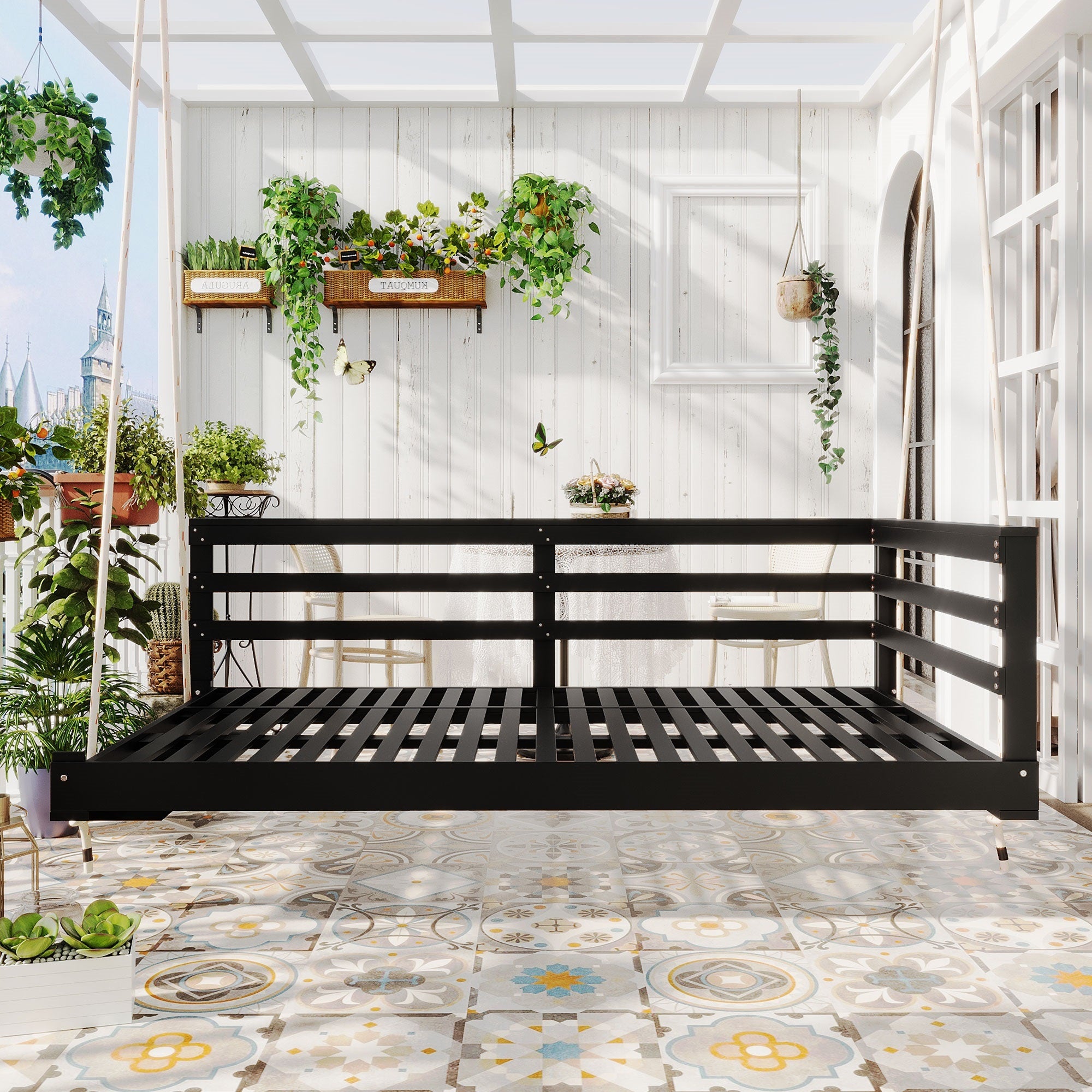 TOPMAX Twin Wooden Swing Daybed Porch Frame for Patio & Garden, Black