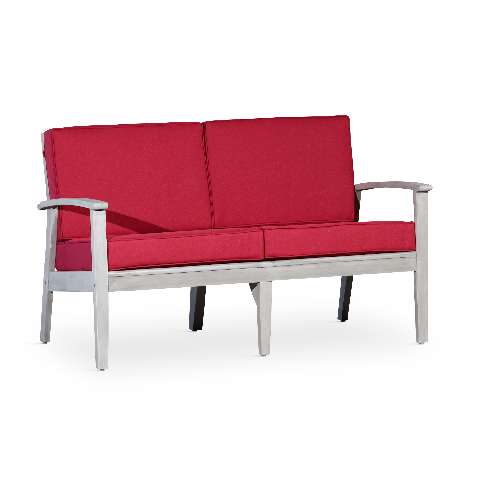 Stylish Eucalyptus Patio Loveseat with Silver Gray & Burgundy Cushions