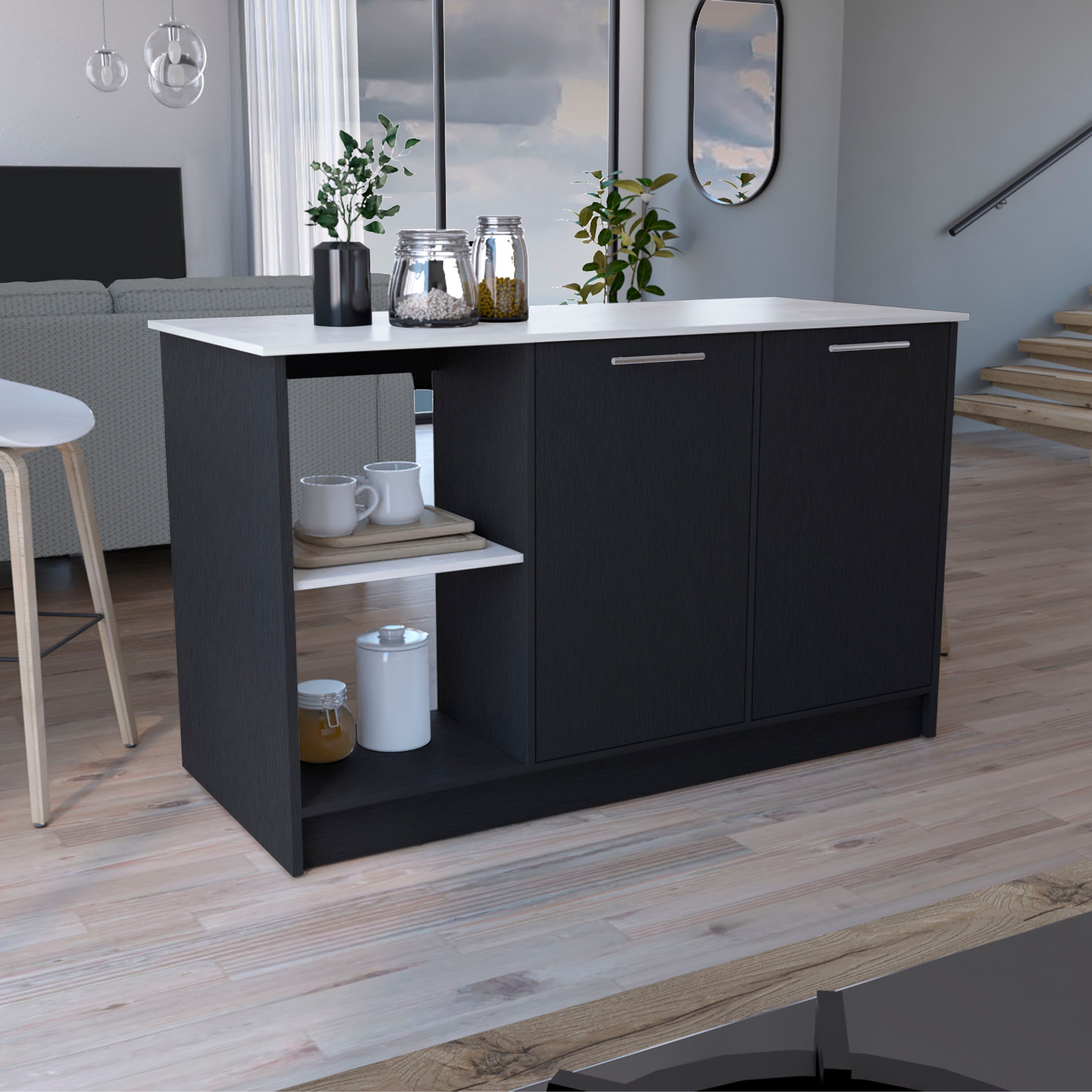 Juniper Kitchen Island, Black w/ Marble Top, Storage & Shelves