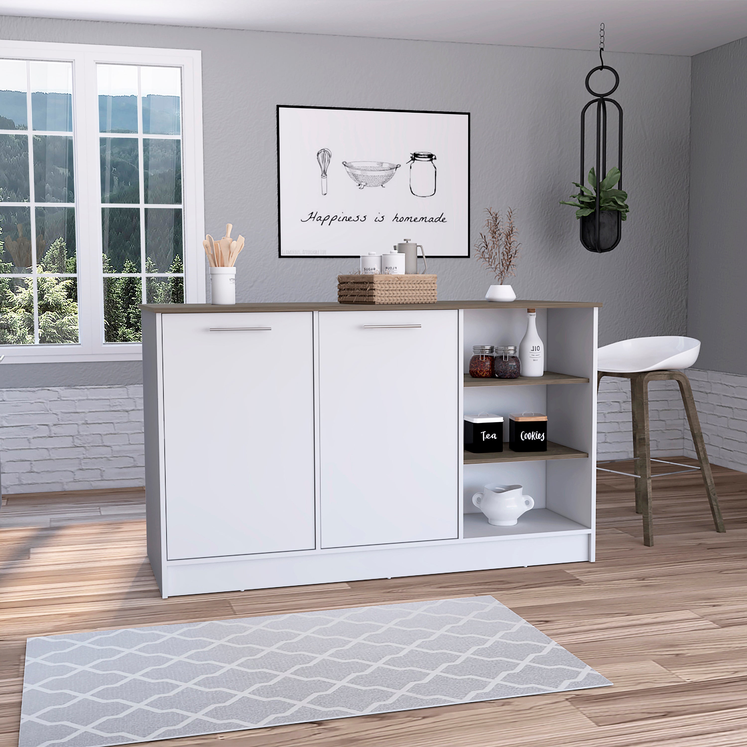 White & Dark Brown Ginger Kitchen Island w/ Shelves & Cabinets