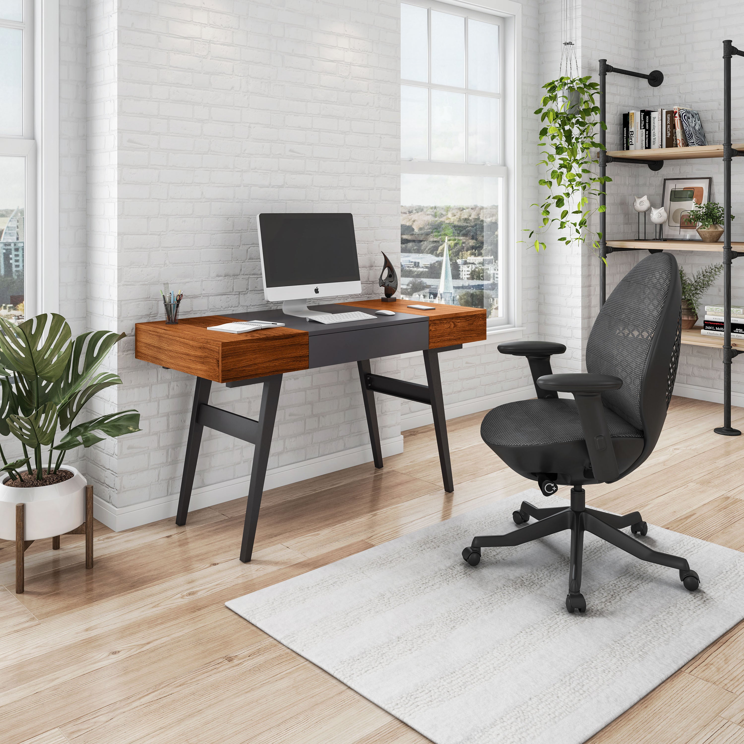 Grey Steel & Mahogany Writing Desk with Drawer