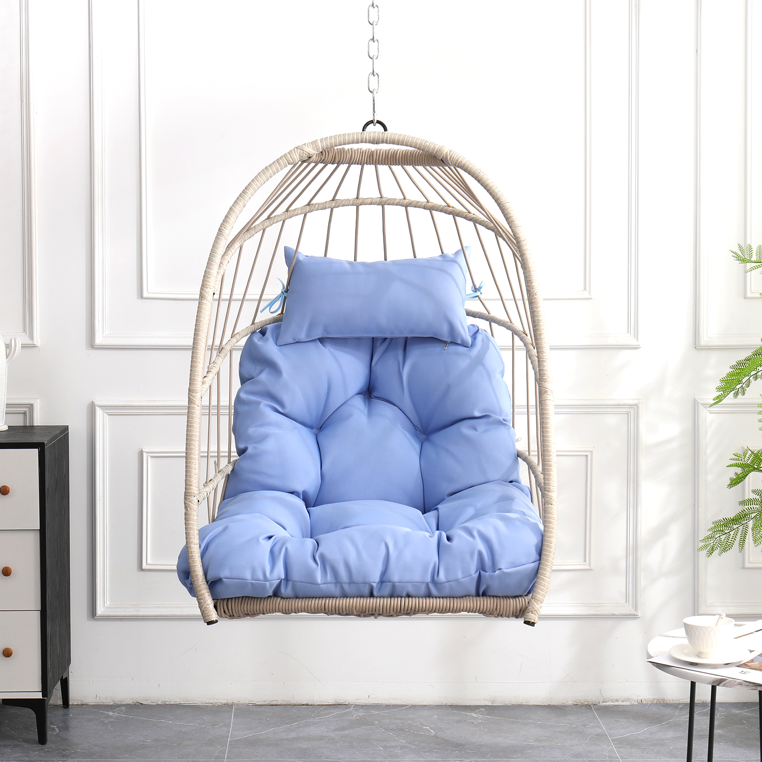 Outdoor Rattan Egg Swing Chair - Blue Garden Hanging Chair