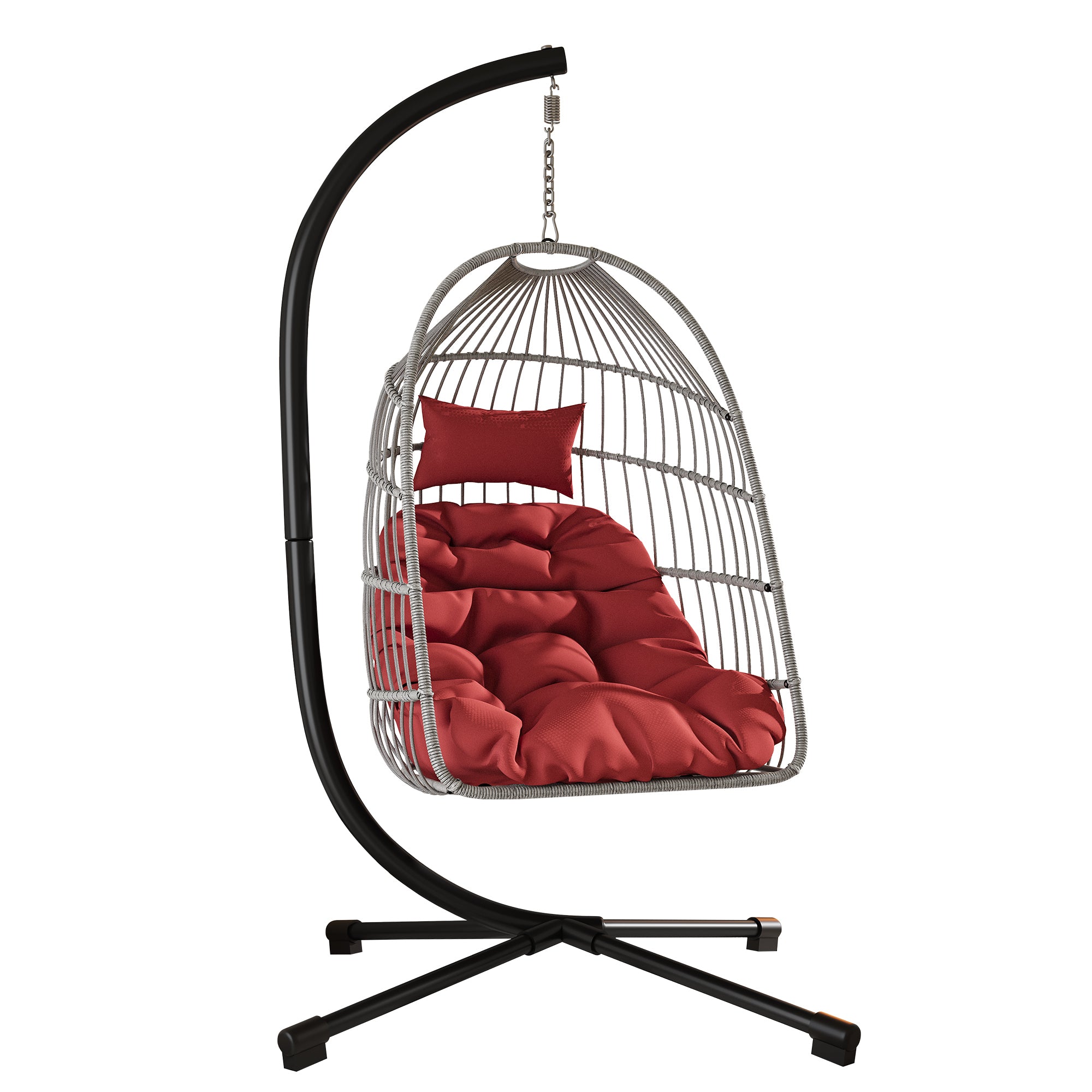 Red Outdoor Wicker Egg Chair with Stand, Patio Hammock Swing