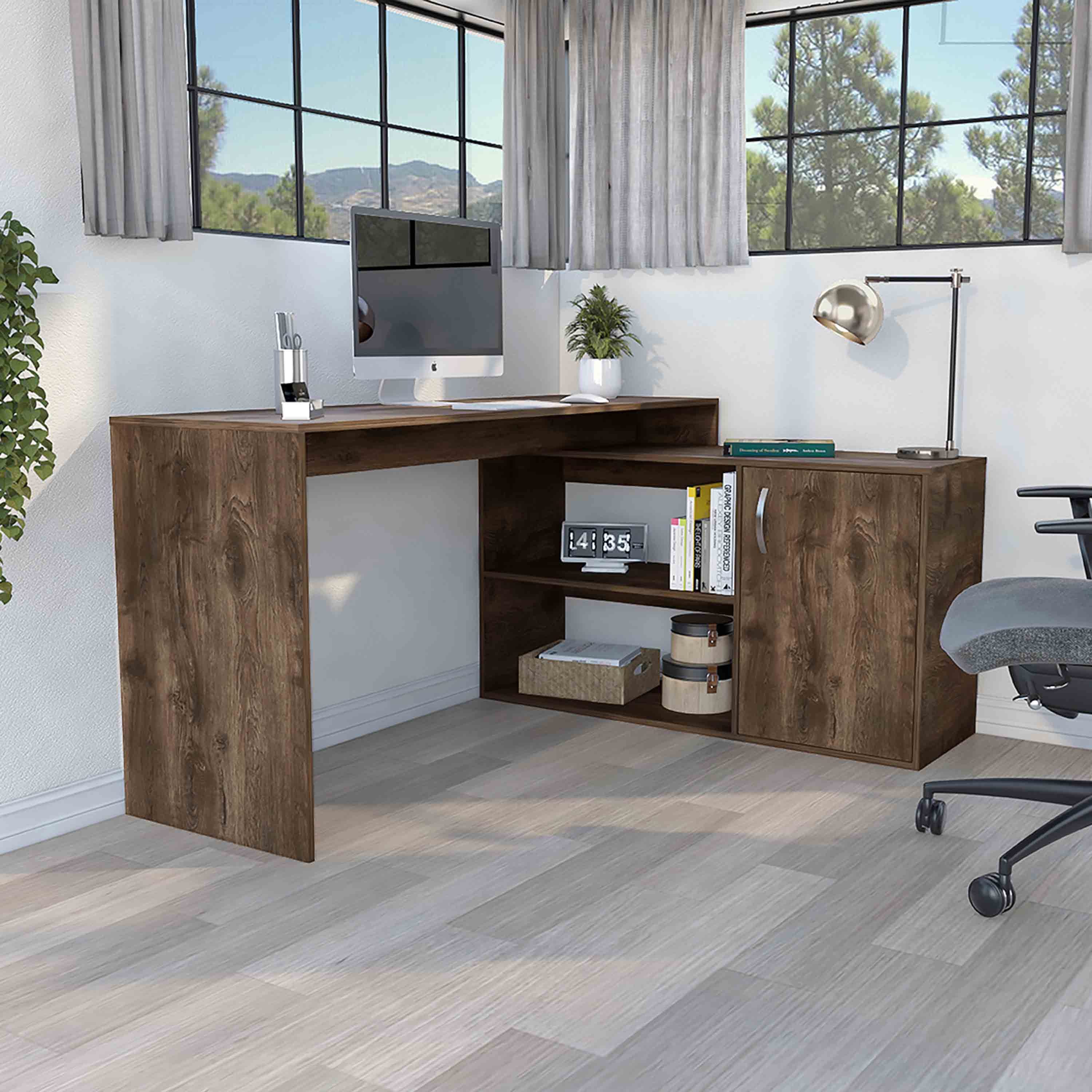 Axis Modern L-Shaped Desk w/ Storage - Dark Brown